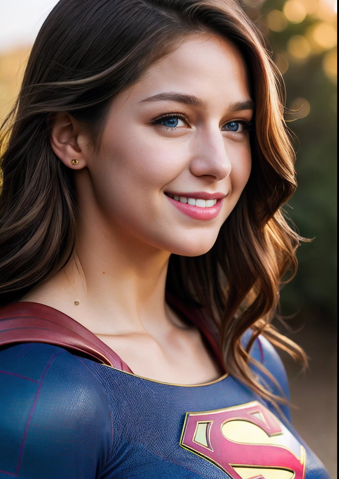 real, photoshoot, realistic, luminescent, atmospheric scene, masterpiece, best quality, (detail skin texture, ultra-detailed body:1.1), RAW photo, (high detailed skin:1.2), 8k uhd, dslr, film grain, Fujifilm XT3,
1girl, melissabenoist-smf, blonde hair, blue eyes, realistic, blurry background, superhero, blurry, long hair, lips, jewelry, upper body, collarbone, solo, red cape, looking to the side, outdoors, solo focus, depth of field, (smile:1.2), looking at viewer, sunlight rays, armor