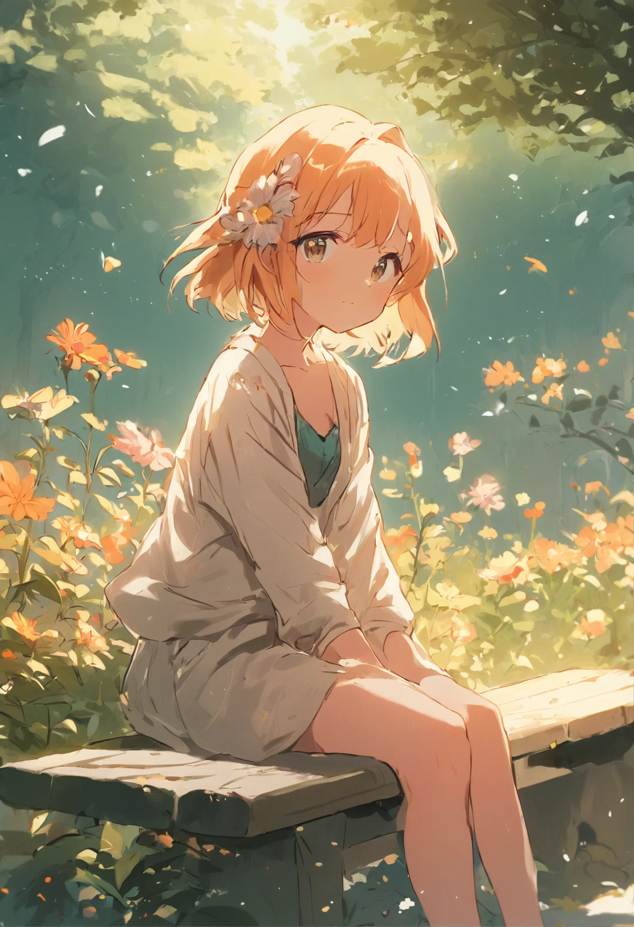 cute girl with flower in hair, sitting on bench in garden