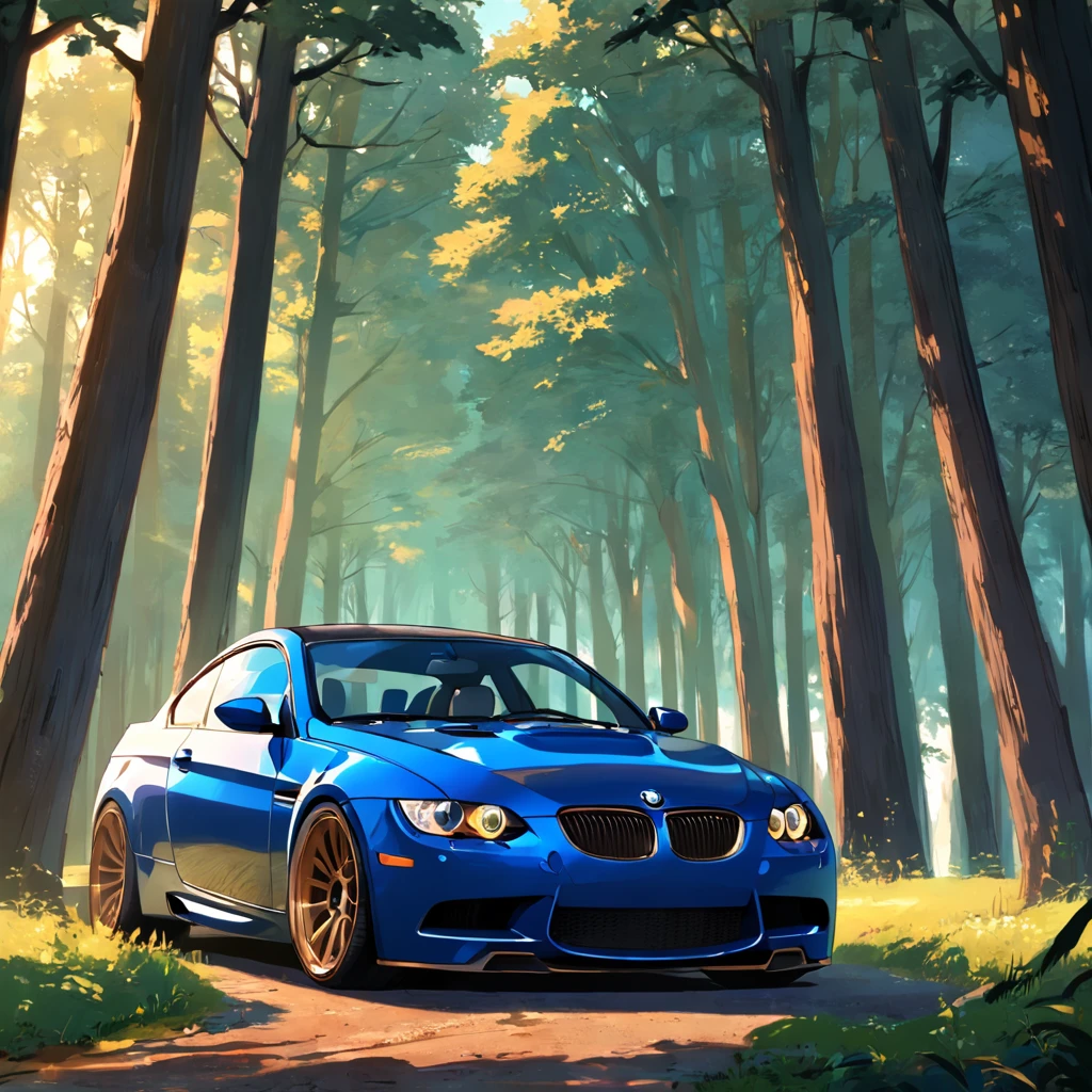 A dark blue bmw e92 with bronze wheels, riding in the forest, at dawn