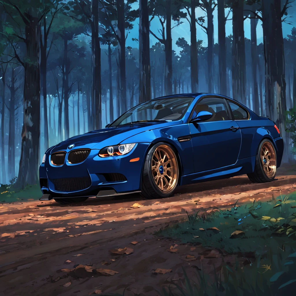A dark blue bmw e92 with bronze wheels, riding in the forest, at dawn