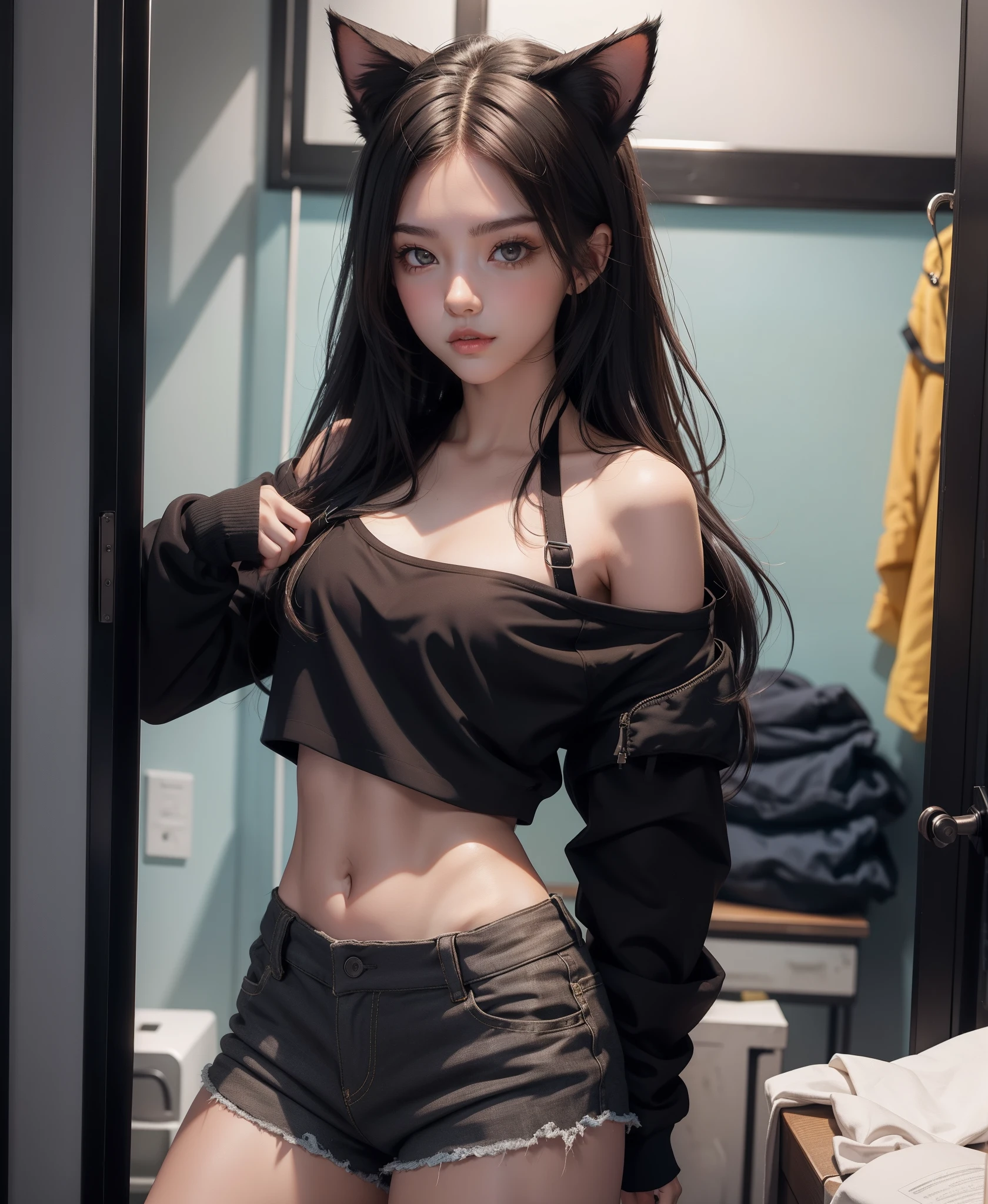 A girl standing in the room, Baggy clothes & black shorts , cat ears, dark brown long hair, perfect body figure, beautiful & sexy