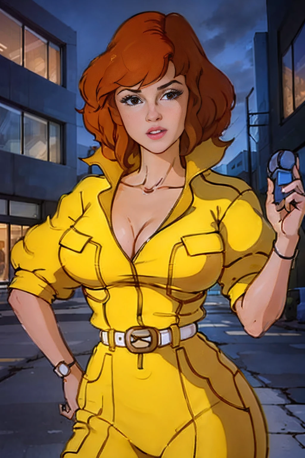 Disparo de vaquero, Abril O'Neil waifu, 1980s \(estilo\), 1 mujer, brown hair, Pelo rojo,pelo corto,cabello naranja,expresion seria, expresion preocupada, Estilo de arte retro, pelo corto, solamente,sujetando microfono con las manos, mujer reportera television,hablando por el microfono, traje de jersey amarillo, white belt,traje de jersey en las caderas amarillo, (desnudo_senos: 1.2), Medio_senos, escote, ojos hiperrealistas, Hermosos ojos,ojos detallados, cara realista, mujer bella mujer, fondo realista,Calle urbana, Luces nocturnas de la calle, Amazing lights, amazing background,microfono, microphone, tv reporter