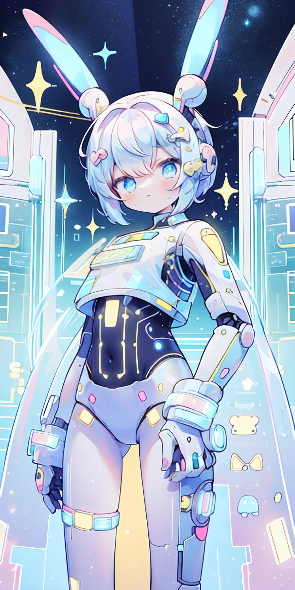 "(best quality:1.1) original artwork featuring a female astronaut alien with pastel blue skin and antennae exploring the interstellar galaxy in a sleek and futuristic space suit." reelmech, decora, detailed, intricate, pastel, cute kawaii, accessories