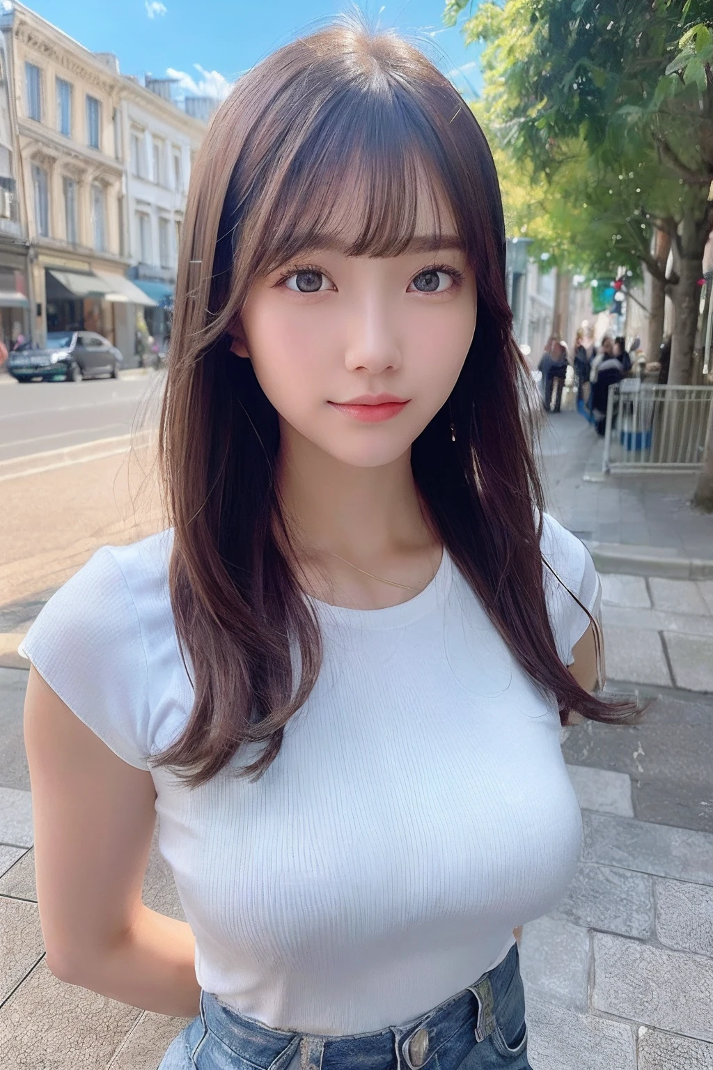 (8K, high resolution, Best Quality, masutepiece:1.2)、((full body)), RAW portrait of japanese girl、超A high resolution, top-quality, (huge-breasted,:1.8), {Hide all breasts:1.2}, {Off-white shorts:1.5}. (Wearing a blue sleeveless turtleneck:1.5), (hands to hips:1.6), (In the street:1.2), BREAK (Natural Skin Texture, Detailed skin, Hyper-Realism, ultra sharpness), intricate detailes, depth of fields, Sexy woman, Long black hair straight, Toned buttocks, ((masterpiece, top-quality, high-detail)), (Photorealsitic:1.4), solo, closes mouth, Smile happily, big eye, Distinct double eyelids, Lashes, long neck, Absolute area, Clean collarbone, face perfect, thin lips, a small face, (gazing at viewer, Highlights in the eyes, Light brown eyes, lipglosrom the side:1.5), {From head to foot, showing your whole body:1.7}, a smile