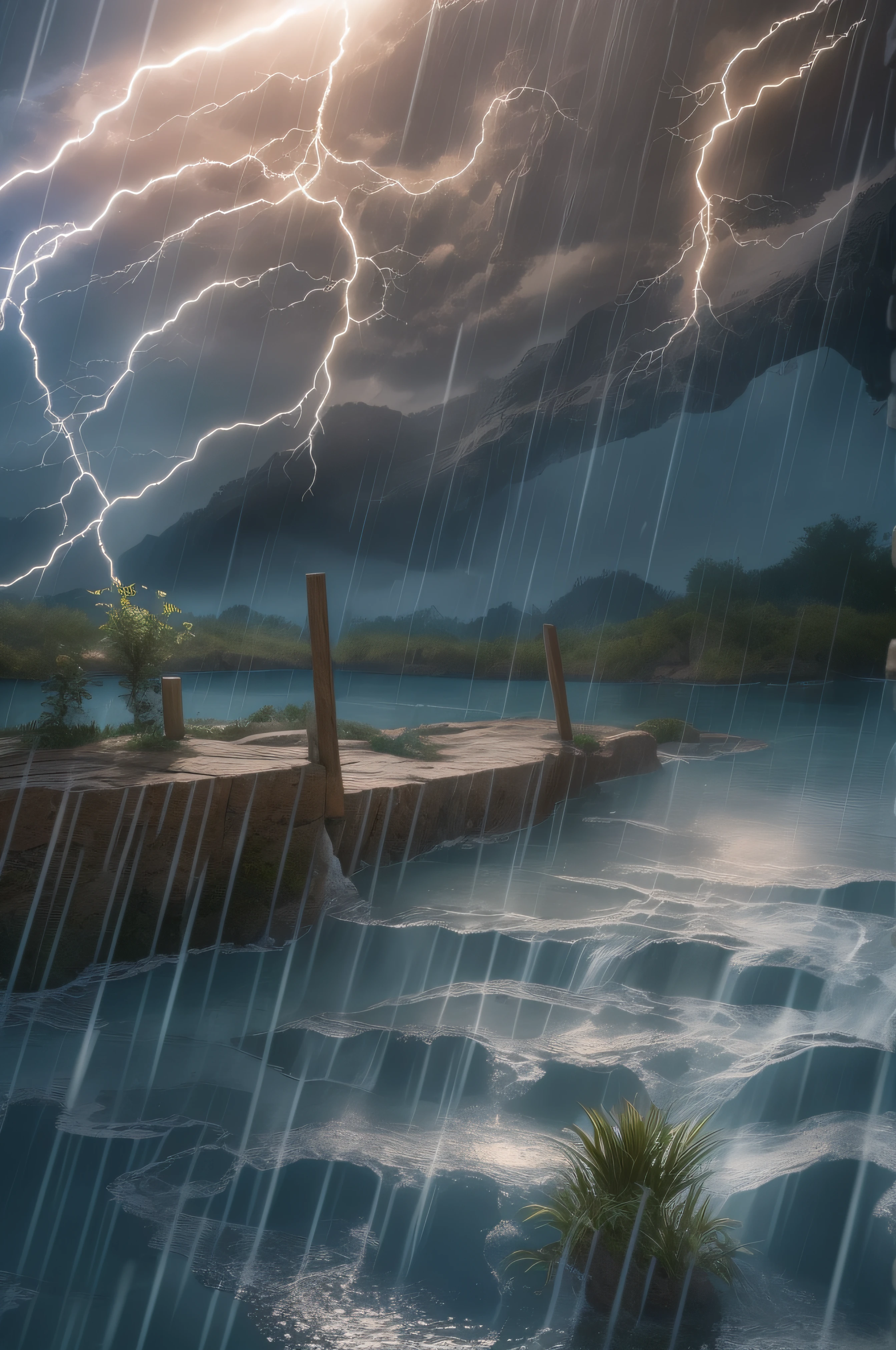 A very violent current plagues the staff. bright lightning beams flash through the sky everywhere. There is also a violent wind and the water are everywhere at and height of one meter. One hundred naked women with exceptionally long hair and huge breasts in the Third World War. super detailed photography, Play of light in the sun rain, downpour, ((a drop of water falling from a height onto the surface of the water)), splashes, luminism, intricate, 4k concept art volumetric light, unrealistic engine, global illumination, detailed environment.