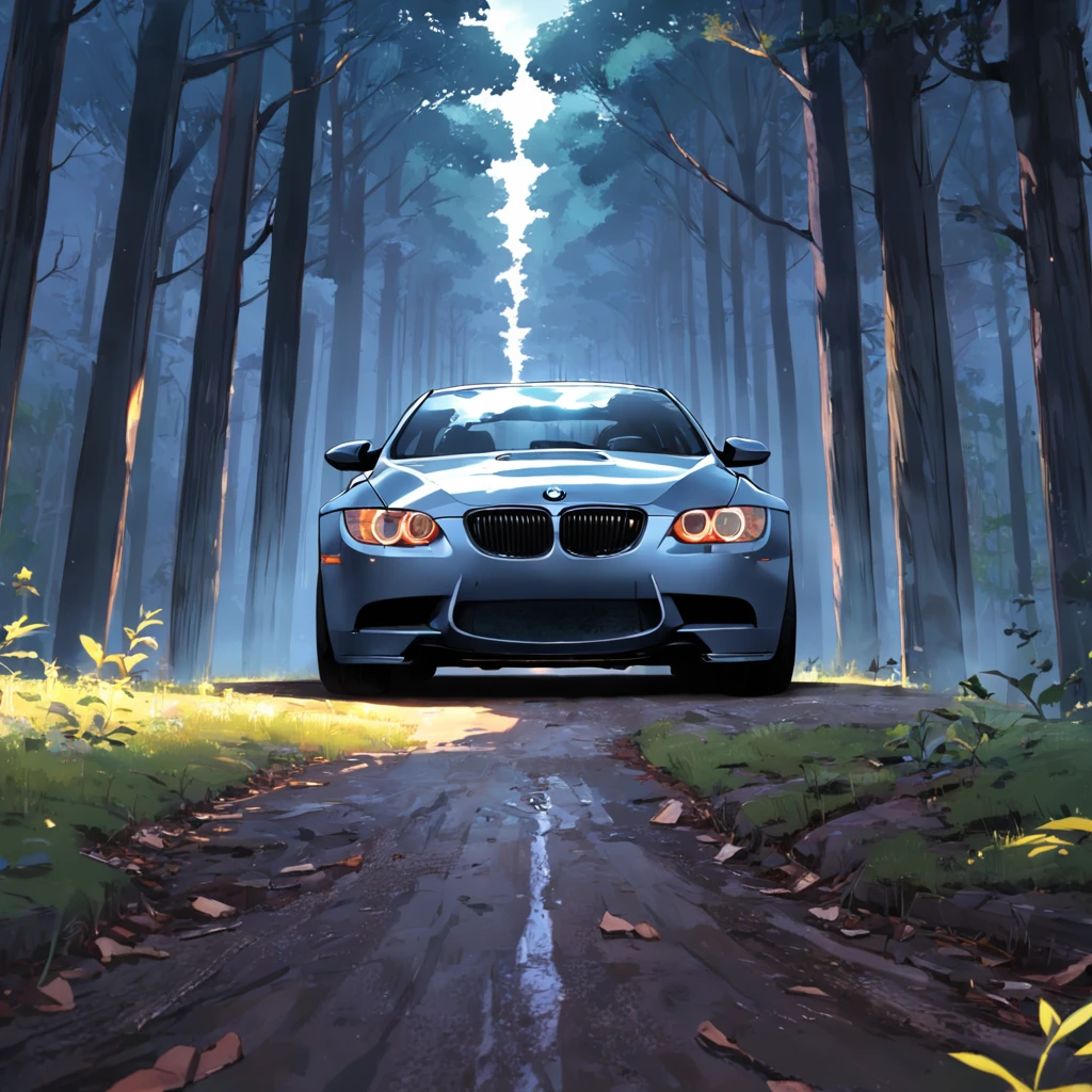 A grey bmw e92, riding in the forest, at dawn