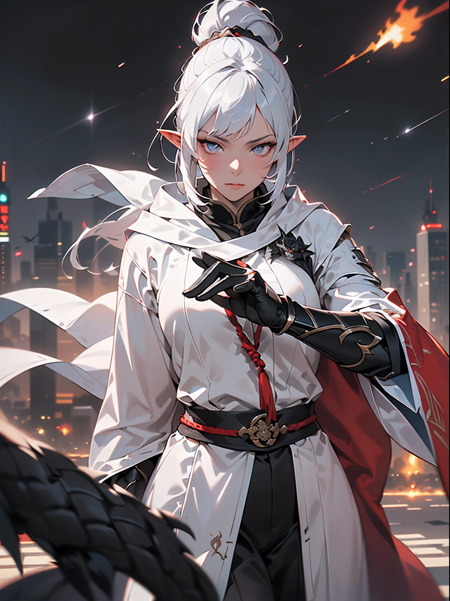 ((jpn)),((Best Quality)),((Beautifully painted)),((hight resolution)),1girl in,(((Beautiful Elven Daughter))),((onmyouji))),(((suikan))),((White cloak with red decoration)),Luminescent bushy silver-haired ponytail,Shining eyes,(((Black gauntlet and gloves))),nice hand, Perfect hands,((Quick step)),(((Fight a black dragon on the streets of a big city at a blazing night))),((Flying flames)),armor,(facefocus),(((Motion Blur))),(((Dynamic Angle))),((Cinematic lighting)),((meteors))