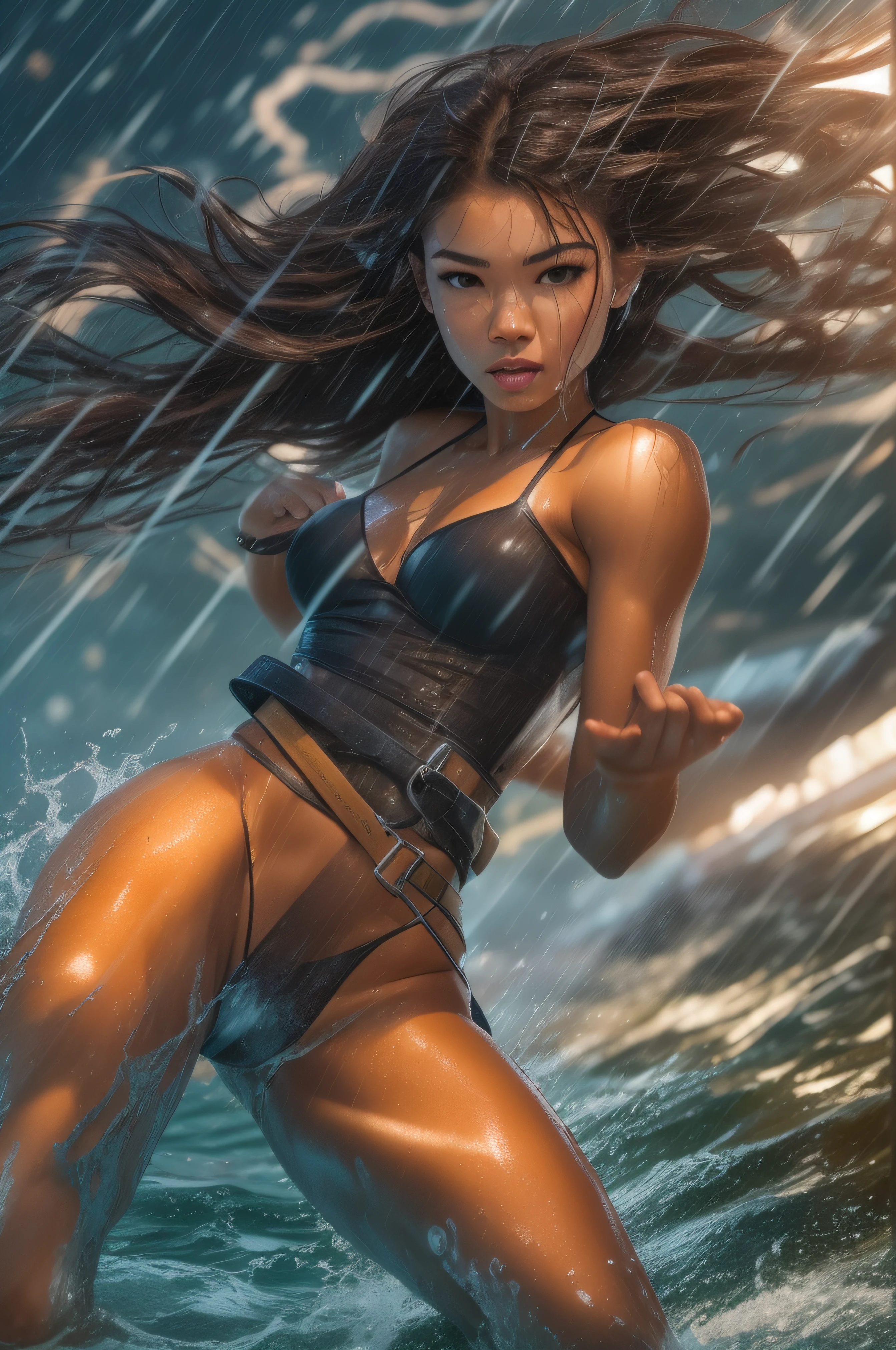 A very violent current plagues the staff. bright lightning beams flash through the sky everywhere. There is also a violent wind, and the water are everywhere at and height of one meter. A dark brown-haired photographically ebony and muscular 25-year-old naked Zendaya as she runs along the quay of a river flowing through a futuristic Egyptian city with her wet hair s flapping in the rough wind. attractive body :1.4), sit-ups :1.1, ), (wet rainy, wet by rain, wet body :1.2), ((thin waist)), ultra-detailed face, detailed lips, detailed eyes, double eyelid, visible veins and curves, pool party, pool.