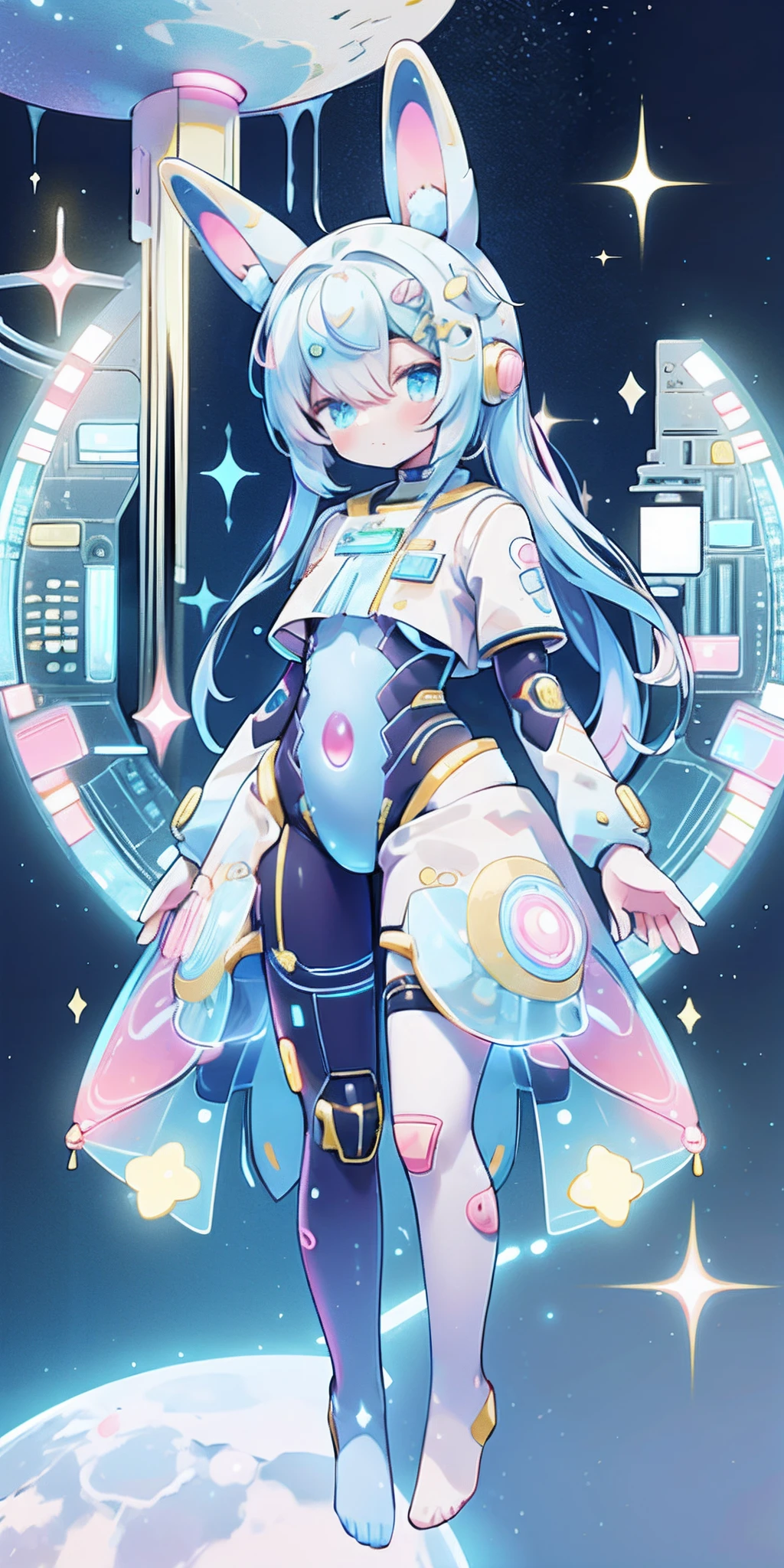 "(best quality:1.1) original artwork featuring a female astronaut alien with pastel blue skin and antennae exploring the interstellar galaxy in a sleek and futuristic space suit." reelmech, decora, detailed, intricate, pastel, cute kawaii, accessories