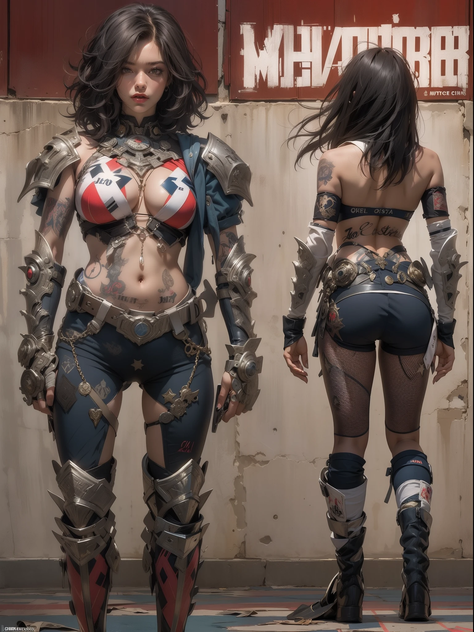 (((mulher))), (((melhor qualidade))), (((obra prima))), (((adulto))), (((1girl))), ((( de costas ))), ((( corte de cabelo bob ))), Uma gladiadora cyberpunk mulher de 25 anos com corpo perfeito, ((( Back view ))), ((( butt ))), shoulder pads with metal spines, Gladiadores do Brooklyn, (( corte de cabelo bob )), tiny leather panties, camiseta de time de rugby rasgada, quase nua no estilo selvagem urbano de Simon Bisley para a capa da revista Heavy Metal, Cabelo loiro curto, Minimum clothing, Metal protection on the left arm with intricate graphics, Dark red with white stars and white and navy blue checkerboard pattern, armadura, cheio de pontas e rebites, (((do joelho pra cima))), cabelos loiro branco curto, no fundo uma parede pintada por Shepard Fairey com um design intrincado