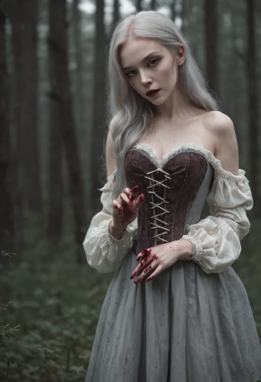 handsome girl, pale skin, White long hair, vintage grey dress, white corset, holding a rat in his hands, There is blood on the cubes, fingers covered in blood, Gloomy dark marshland, dark moss, high grass, swamp, the night , moon light, nightfall, The dark atmosphere of a thriller