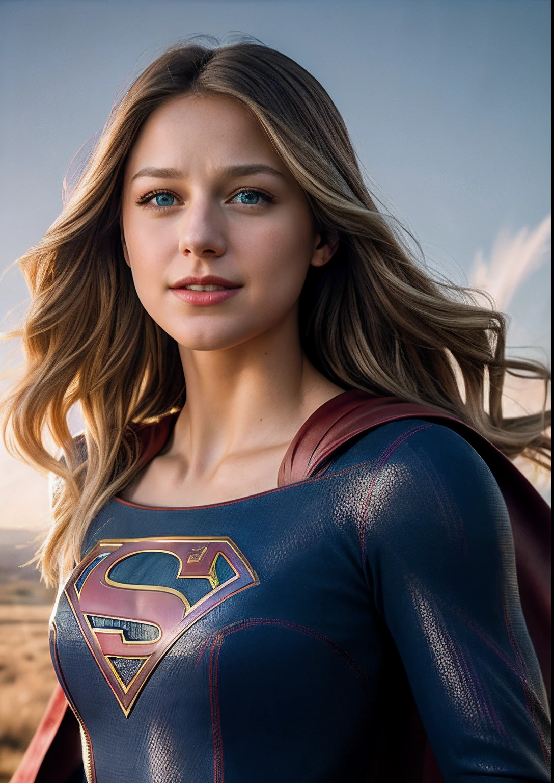 real, photoshoot, realistic, luminescent, atmospheric scene, masterpiece, best quality, (detail skin texture, ultra-detailed body:1.1), RAW photo, (high detailed skin:1.2), 8k uhd, dslr, film grain, Fujifilm XT3,
1girl, melissabenoist-smf, blonde hair, blue eyes, realistic, blurry background, superhero, blurry, long hair, lips, jewelry, upper body, collarbone, solo, red cape, looking to the side, outdoors, solo focus, depth of field, (smile:1.2), looking at viewer, sunlight rays, armor, (Melissa benoist as supergirl, blonde hair), (supergirl standing In the aftermath of devastation, a nuclear explosion paints the horizon with fiery intensity. Billowing clouds rise, their ominous shapes an embodiment of raw power unleashed. Blinding light casts stark shadows, and the once-blue sky transforms into a tapestry of fiery hues. The landscape's contours are marred by the relentless force, and the air trembles with the aftershock. The scene is a haunting reminder of the cataclysmic forces that can alter the course of history in an instant)