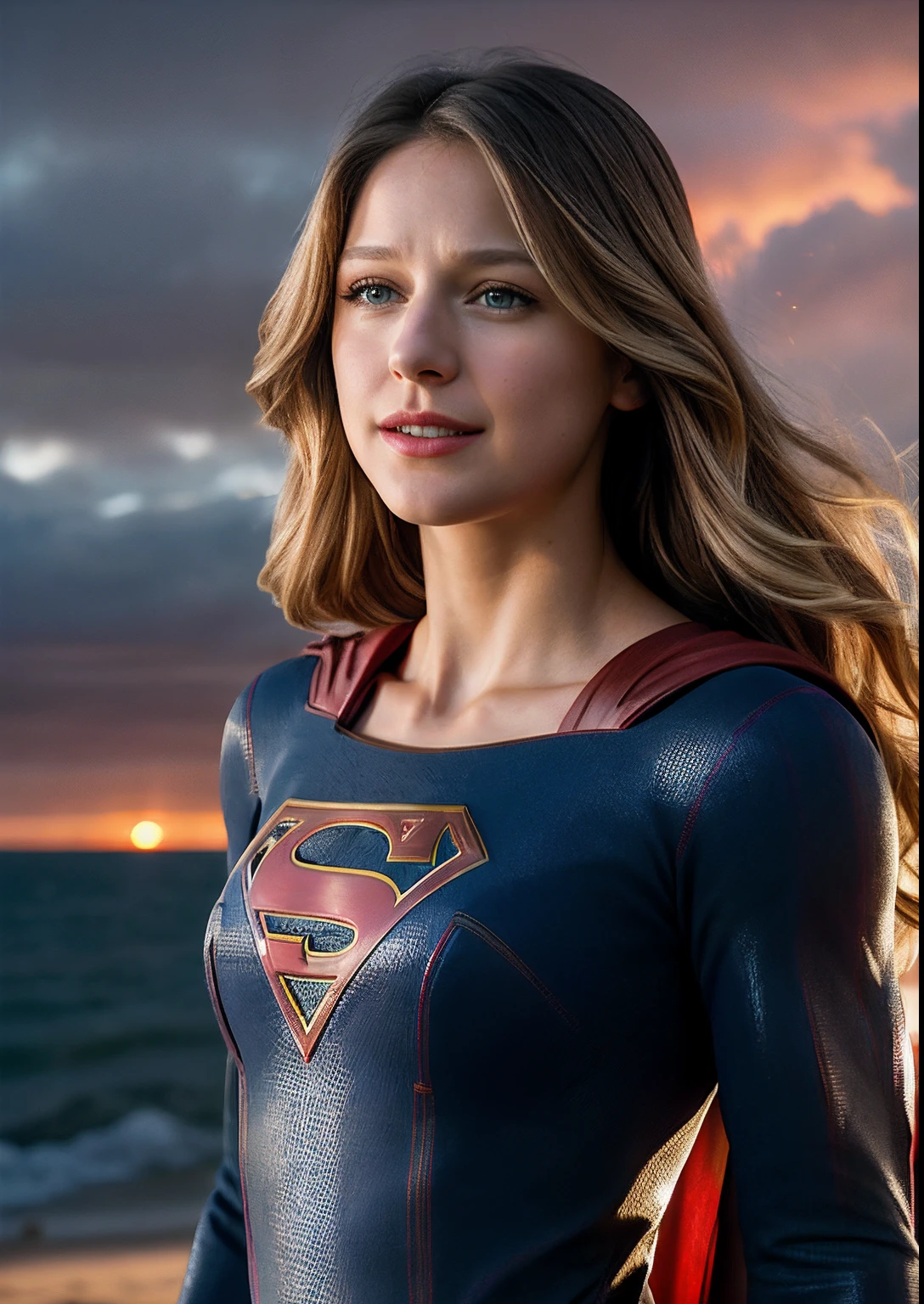 real, photoshoot, realistic, luminescent, atmospheric scene, masterpiece, best quality, (detail skin texture, ultra-detailed body:1.1), RAW photo, (high detailed skin:1.2), 8k uhd, dslr, film grain, Fujifilm XT3,
1girl, melissabenoist-smf, blonde hair, blue eyes, realistic, blurry background, superhero, blurry, long hair, lips, jewelry, upper body, collarbone, solo, red cape, looking to the side, outdoors, solo focus, depth of field, (smile:1.2), looking at viewer, sunlight rays, armor, (Melissa benoist as supergirl, blonde hair), (supergirl standing In the aftermath of devastation, a nuclear explosion paints the horizon with fiery intensity. Billowing clouds rise, their ominous shapes an embodiment of raw power unleashed. Blinding light casts stark shadows, and the once-blue sky transforms into a tapestry of fiery hues. The landscape's contours are marred by the relentless force, and the air trembles with the aftershock. The scene is a haunting reminder of the cataclysmic forces that can alter the course of history in an instant)