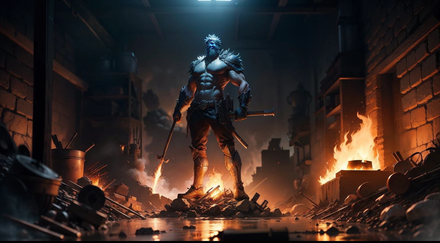 A river of molten metal flows through a dark and smoky forge, with Hephaestus standing atop a pile of tools, ready to work.