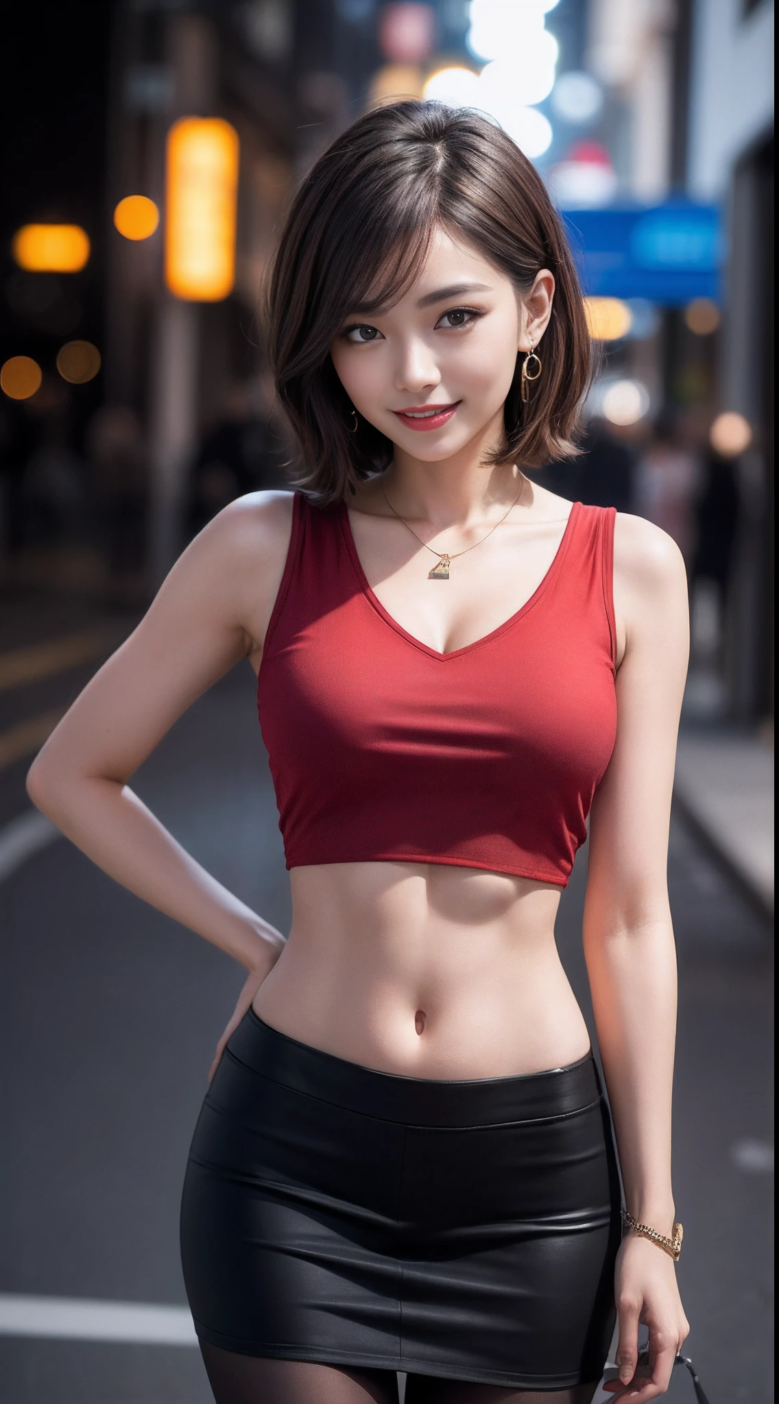 8k, masterpiece, RAW photo, best quality, photorealistic, extremely detailed CG unity 8k wallpaper, Depth of field, Cinematic Light, Lens Flare, Ray tracing, (extremely beautiful face, beautiful lips, beautiful eyes), intricate detail face, ((ultra detailed skin)) 1girl, in the dark, deep shadow, pretty asian girl, 1 girl, (very slim slender fit-muscled body:1.3), ((looking at viewer)),(big smile:1.3), (fashion city night, dark night, (neon sign), (blurred background), street night),(without people in the background:1.3), beautiful earrings, bracelets, necklace, pantyhose, clear eyes, (pale skin), (big eyes), face forward, ((upper body shot)), (looking at viewer:1.3) very slim, medium breasts, (Ultra-realistic, gazing at viewer, short skirt, (hight resolution), (8K), (ighly detailed), (Brown hair, short-hair), (Woman in red short sleeveless blouse, Show the navel), (see through blouse), Slim body), open breasts