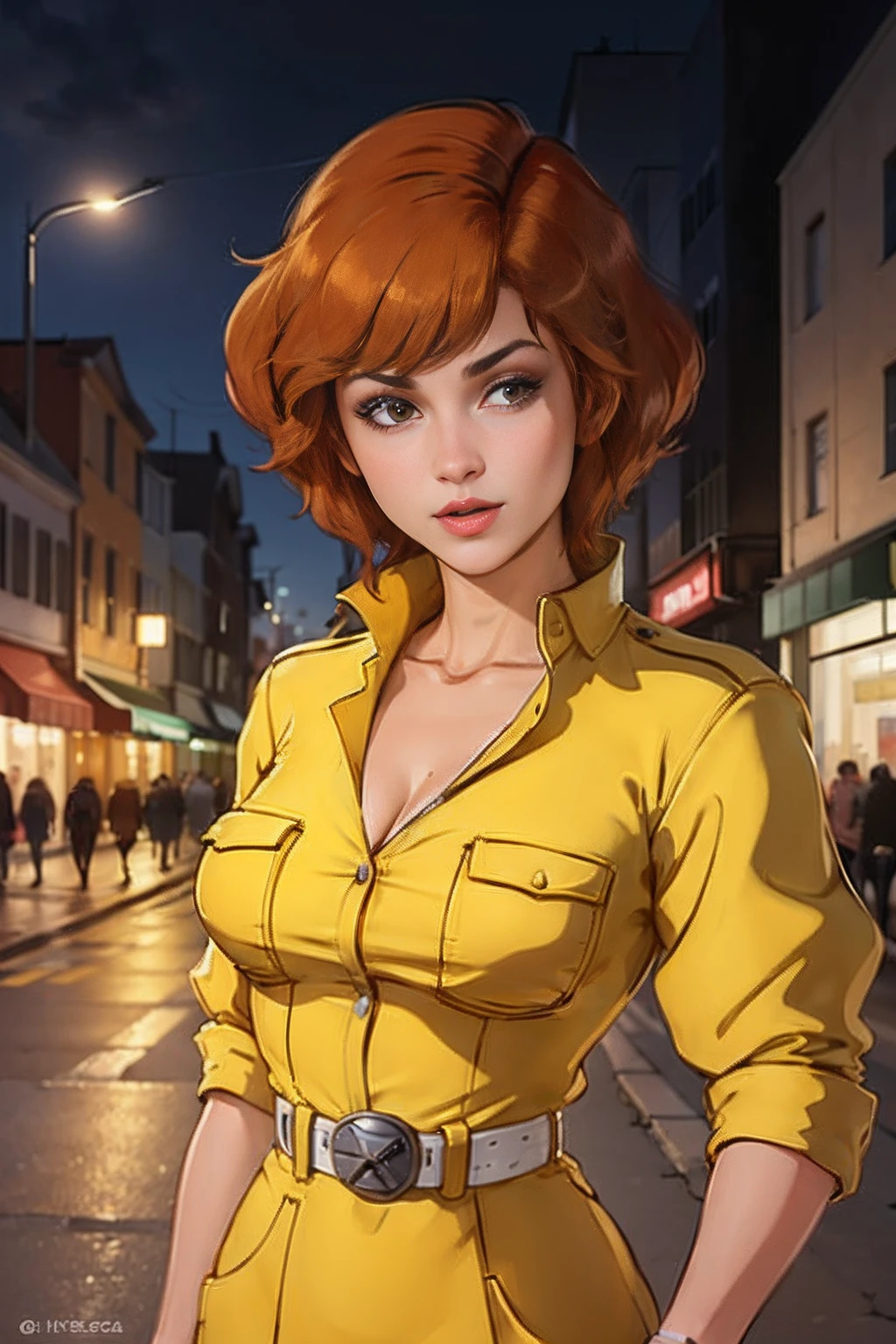 Unreal engine: 1.4, UHD, Best quality: 1.4, photorealistic: 1.4, skin texture: 1.4, masterpiece: 1.8, Cowboy shot, April O'Neil waifu, 1980s (style), 1 woman, Short ((crimson)) hair, Serious expression, Worried expression, Retro art style, Short hair, Female TV reporter, Speaking into the microphone, Yellow jersey suit, White belt, Yellow jersey suit at the hips, Half breasts, neckline, hyper-realistic eyes, Beautiful eyes, detailed eyes, realistic face, beautiful woman, realistic background, Urban street, Street lights at night, Amazing lights, amazing background, microphone, TV reporter