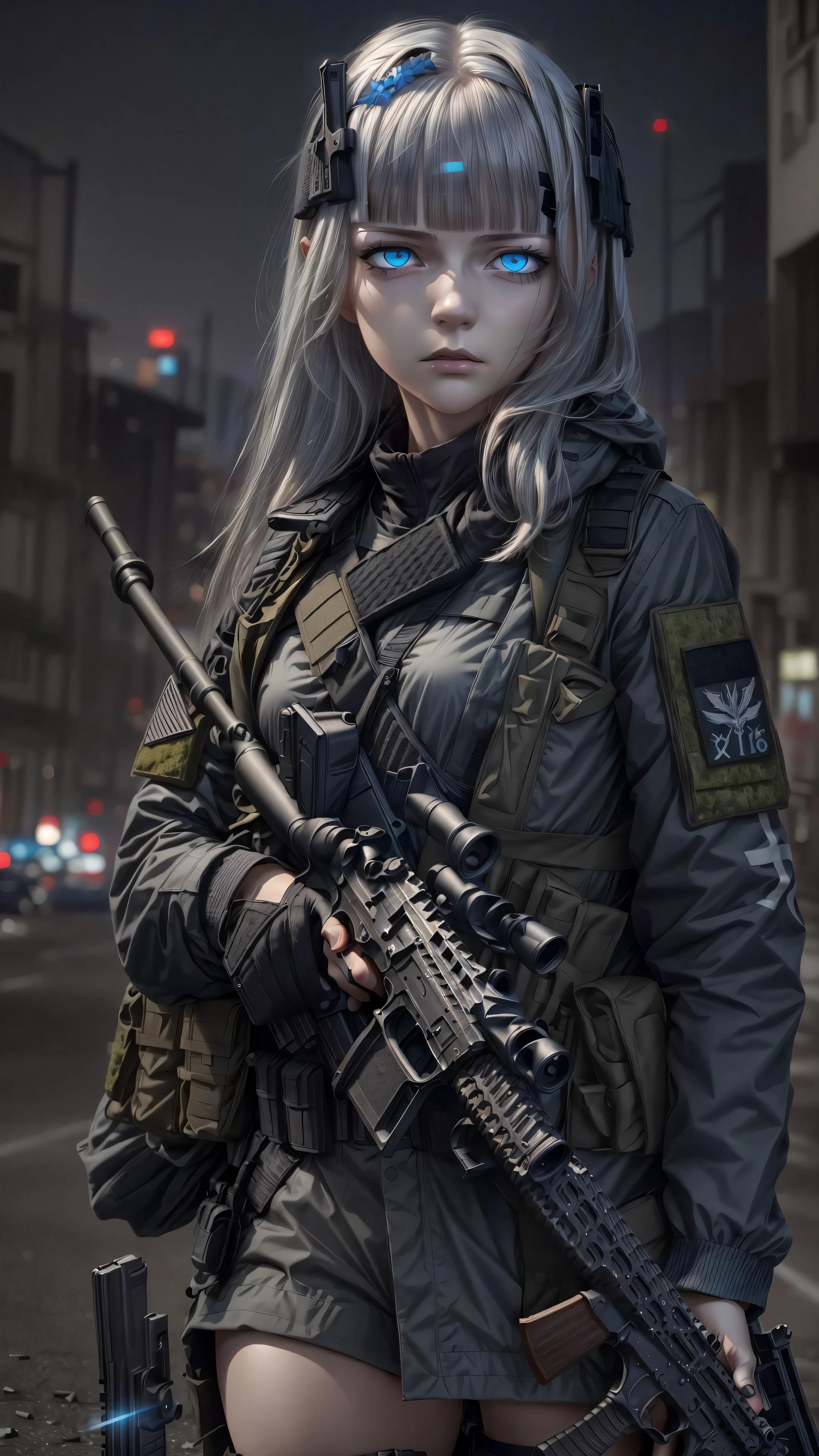 masterpiece,(bestquality),highlydetailed,ultra-detailed,1 girl, (HK416 from Girls' Frontline),white hair, (long hair:0.8), (tactical gear:1.2), (black combat uniform), (blue eyes), (serious expression), (gun:1.5), (night time:0.7), (urban environment), (dynamic pose), (glowing neon lights:0.9), (smoke effects:0.6),