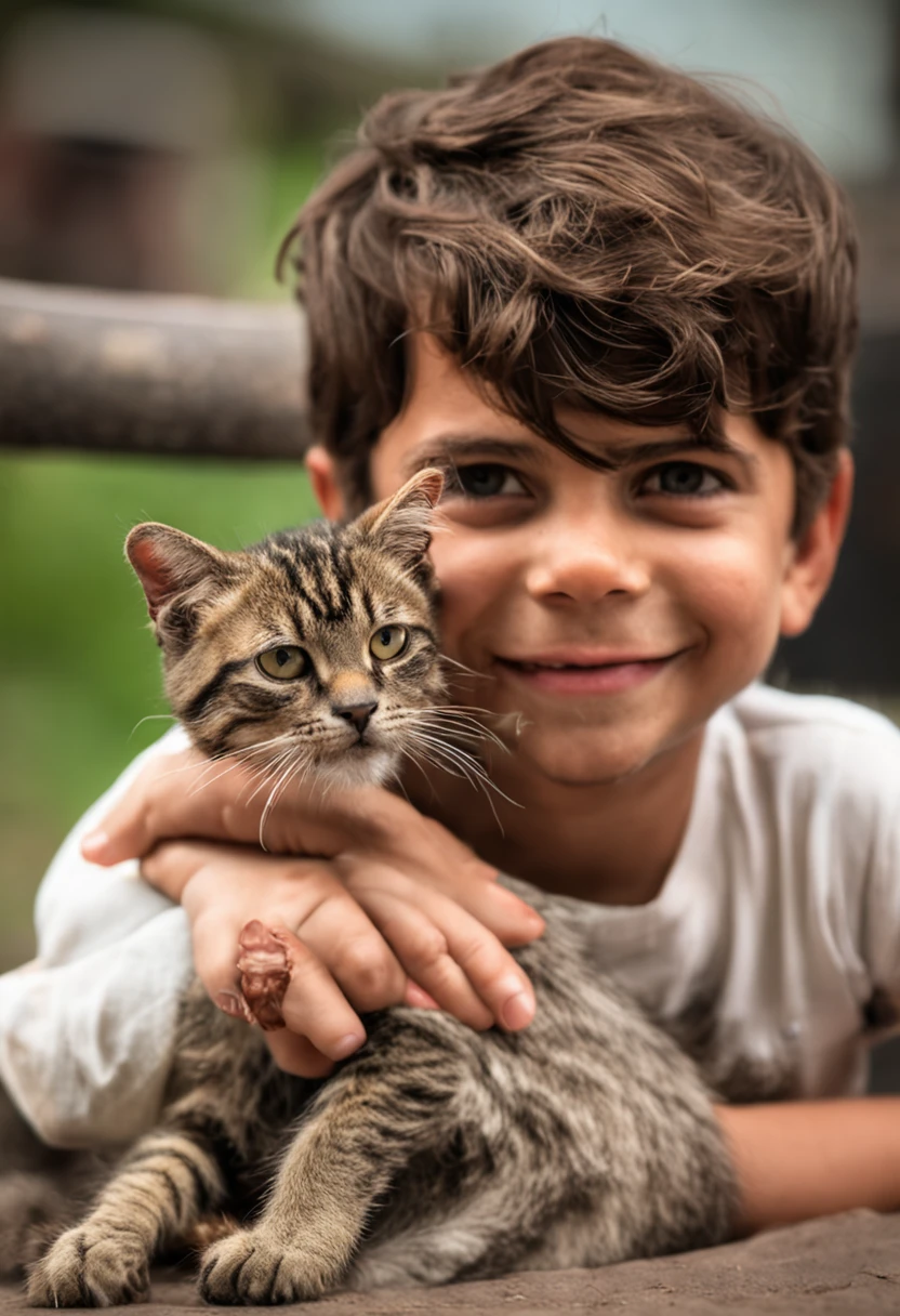 : Miguel, aproximadamente 7 anos de idade, cabelo curto estilo Disney, olhos castanhos e sorrisos. segurando celular e fotografando um gato, em frente de casa