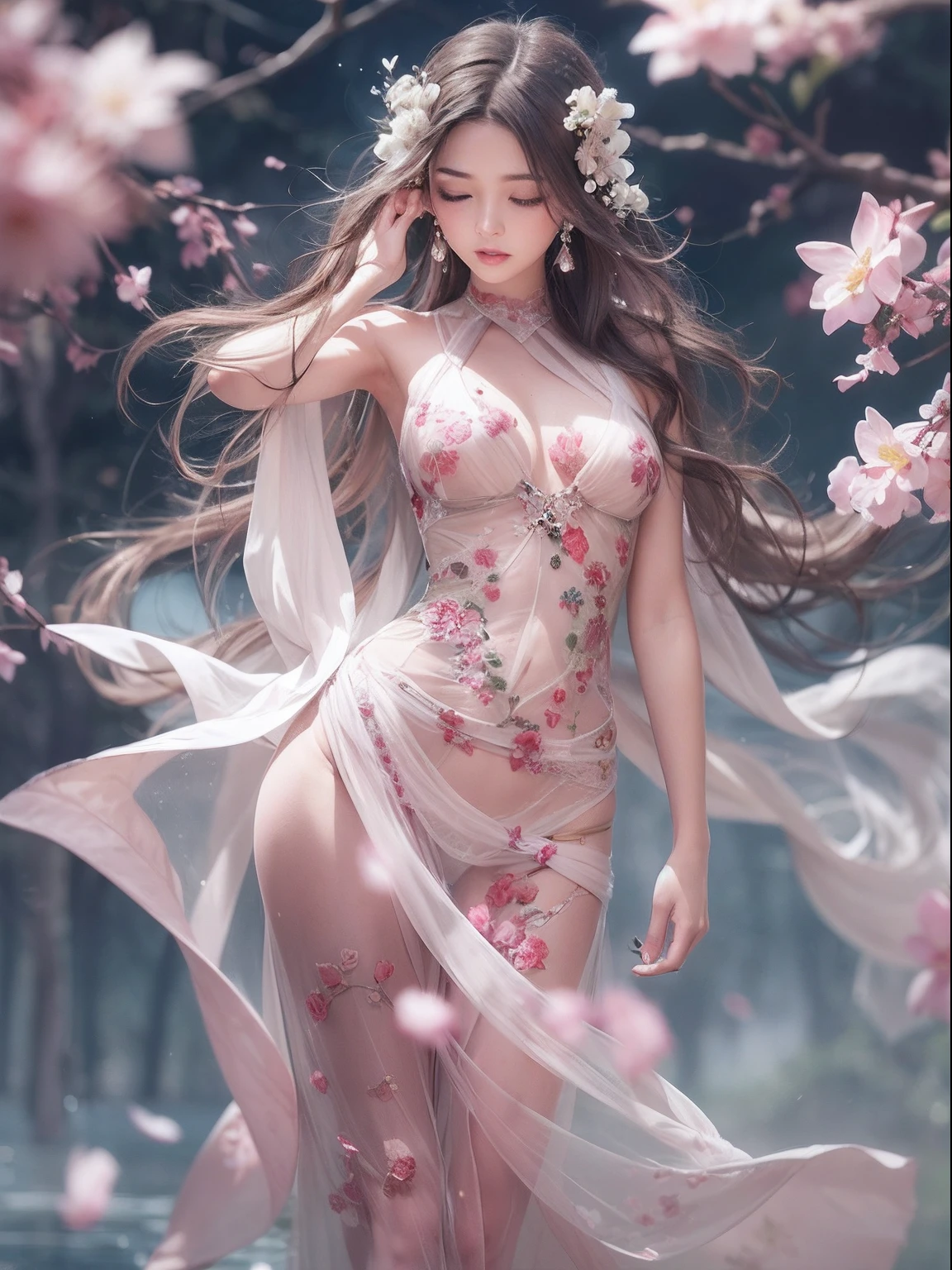 loose outfit、Show shoulders、How to wear a gown with a broken see-through halter neck、Decorated with intricate patterns and bright colors、Transparent material that makes the skin shine、Artistic depiction of seductive woman in gown with wet thin cloth and transparent skin, Floral and fantastic pattern with flowing silky traditional see-through skin。Her dress draped elegantly around her curvaceous figure、Emphasizes her charming silhouette。She's a gentle fireworks night、Dynamic Posing、Sexy Posing、bathed in the soft glow of moonlight。The scene is、With a hint of mystery and sensuality、It exudes an ethereal dreamy atmosphere。The image style is、It incorporates a blend of watercolor and digital illustration techniques.、It makes you feel delicate beauty and charm。Soft moonlit lighting、Cast gentle highlights and shadows on her mesmerizing features。Dynamic Posing、Bold poses、The hand is somewhere、see -through、show through、A sexy、Wet hair、Wet、cherry trees、flower petals、cherryblossom、The cherry tree、Sakura blizzard、buried、Transparent skin、Wet clothes、Chest Pulling、Translucent clothes、On the water、