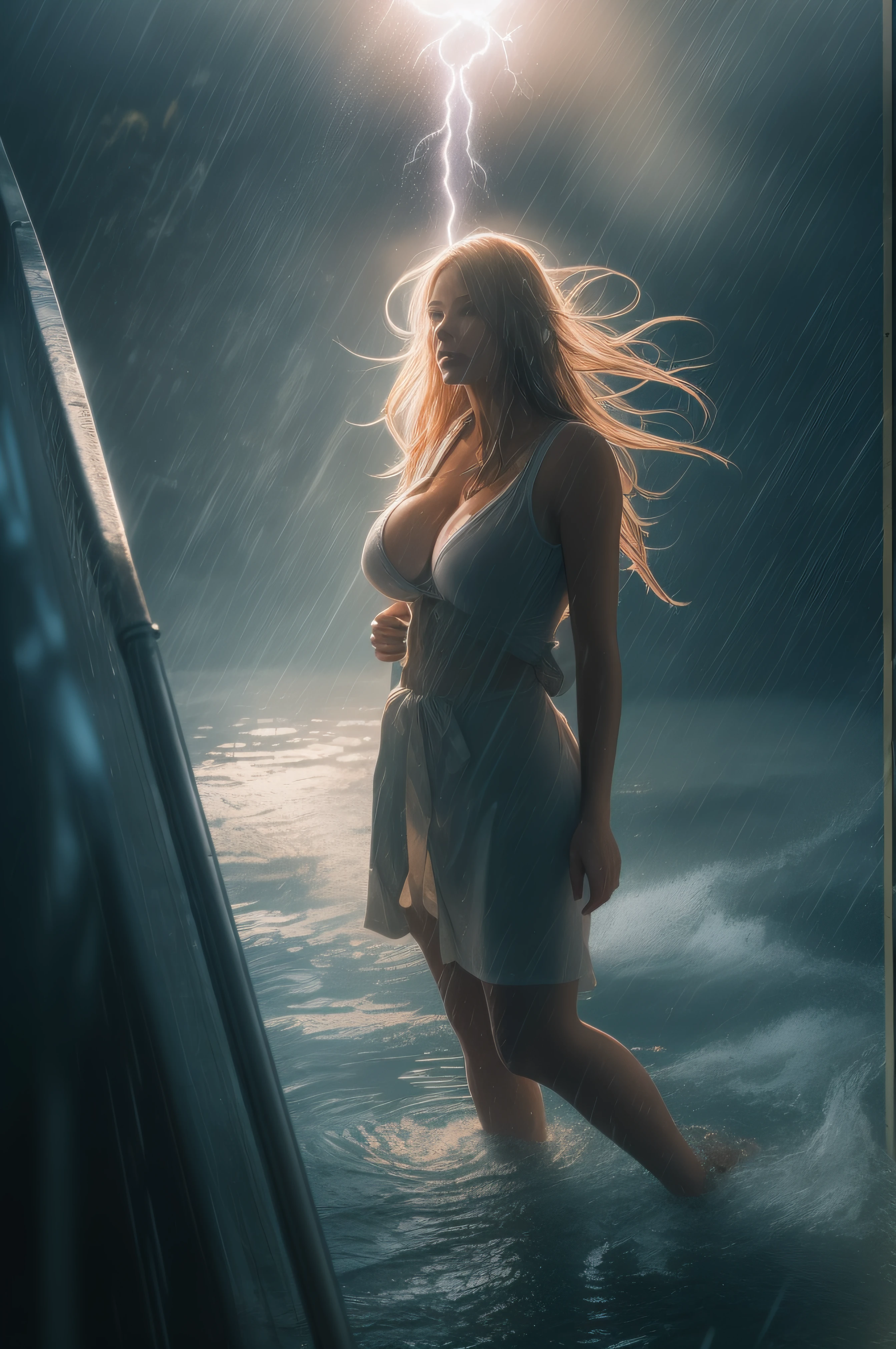 A very violent current plagues the staff. bright lightning beams flash through the sky everywhere. There is also a violent wind and the water are everywhere at and height of 70 centimeters. Four women with exceptionally long very wet hair and huge on the way to their daily work, waiting for the bus on a busy street. Dressed in very wet and strict office wear, super detailed photography, Play of light in the sun rain, downpour, ((a drop of water falling from a height onto the surface of the water)), splashes, luminism, intricate, 4k concept art volumetric light, unrealistic engine, global illumination, detailed environment.