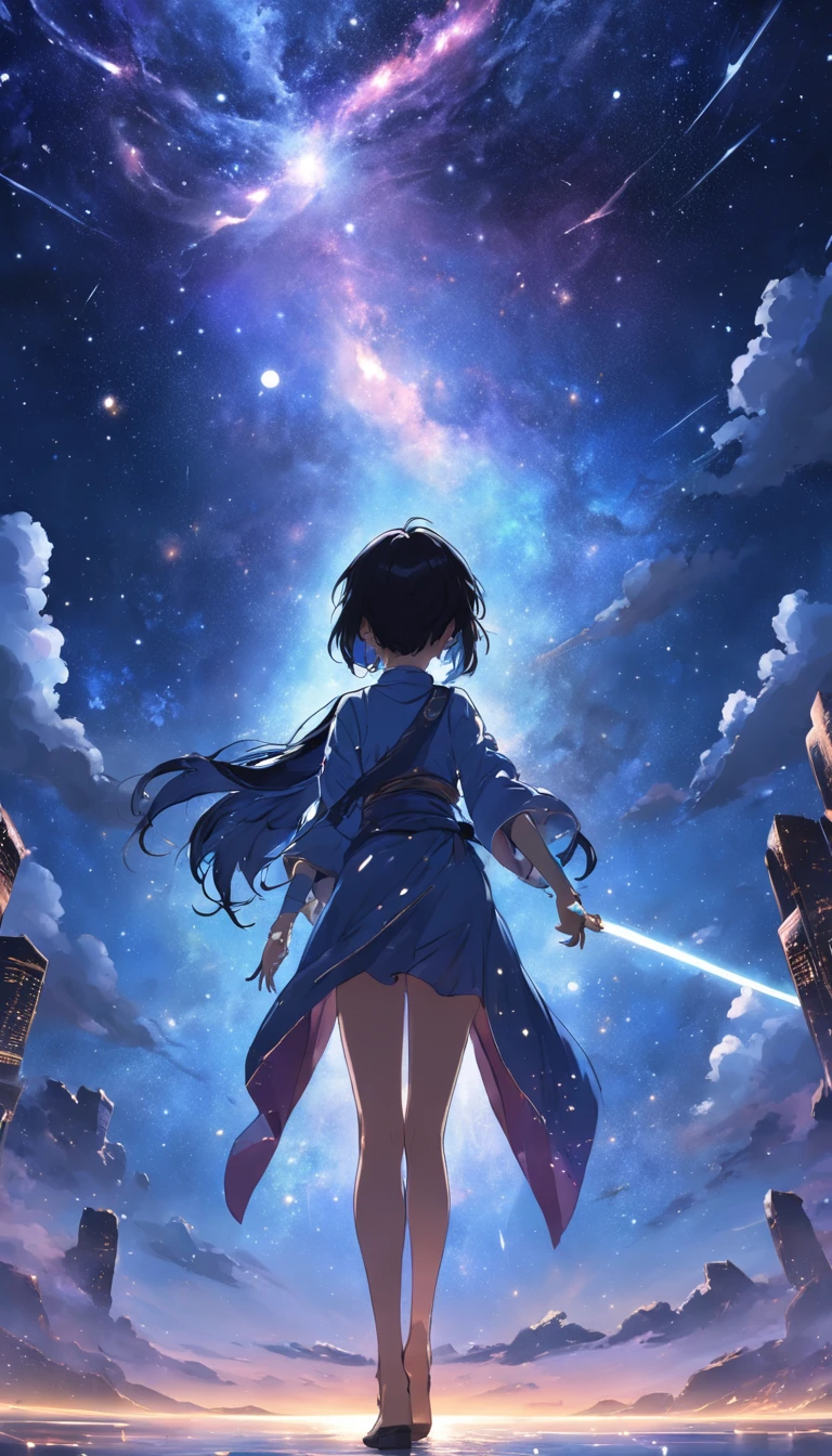 Um homem mago, com sua roupa negra, conjurando uma magia de luz, with all the galactic starry sky,Magnificent,Luz das estrelas cintilante,ilimitado,Fantastic sights