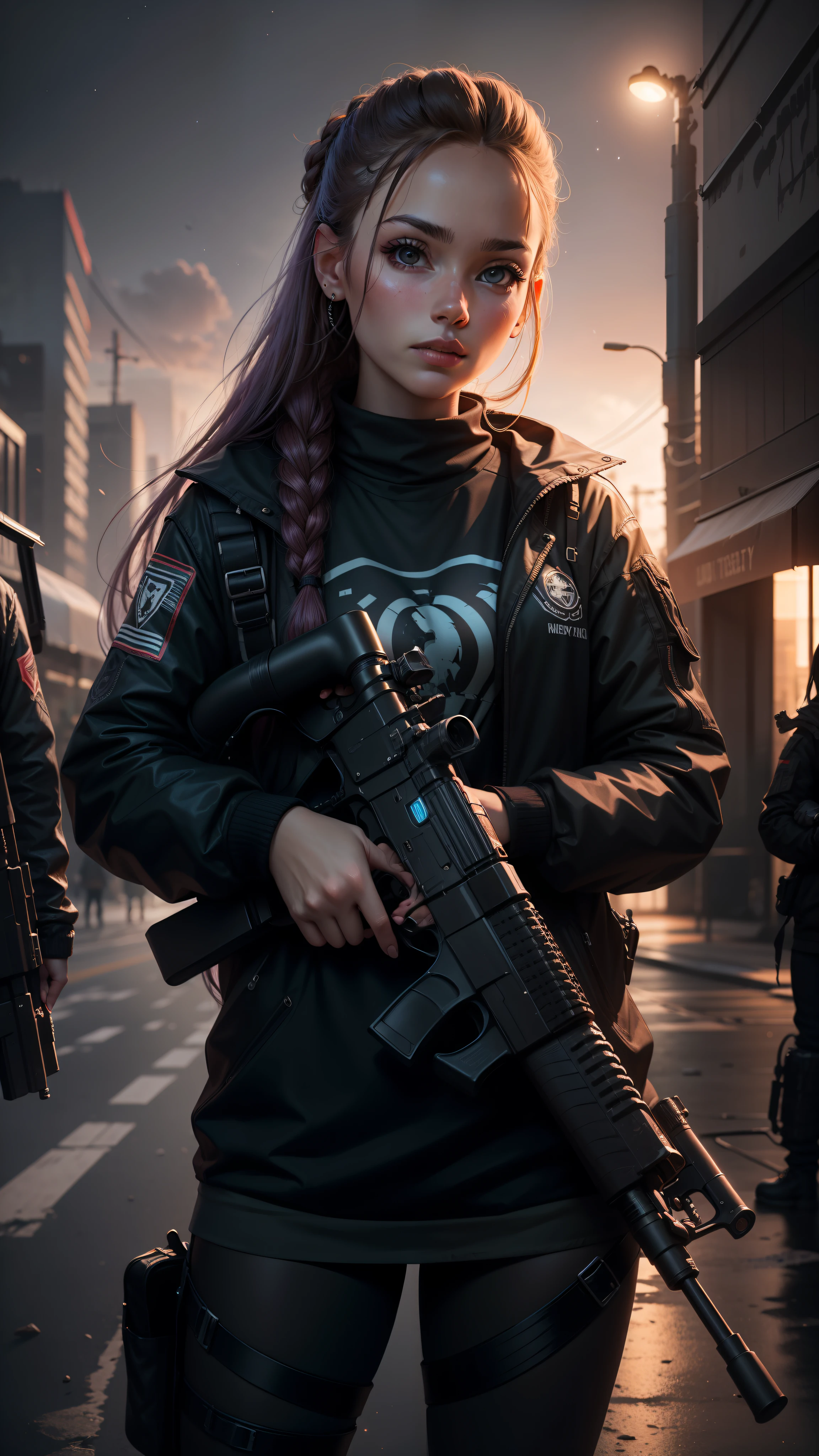 Beautiful stars in sky ,a girl standing with a sniper in her hands,beautiful girls, long hairs in braided form,with dark background, gaming, cyberpunk, 4k,ultra realistic, true picture,almost real