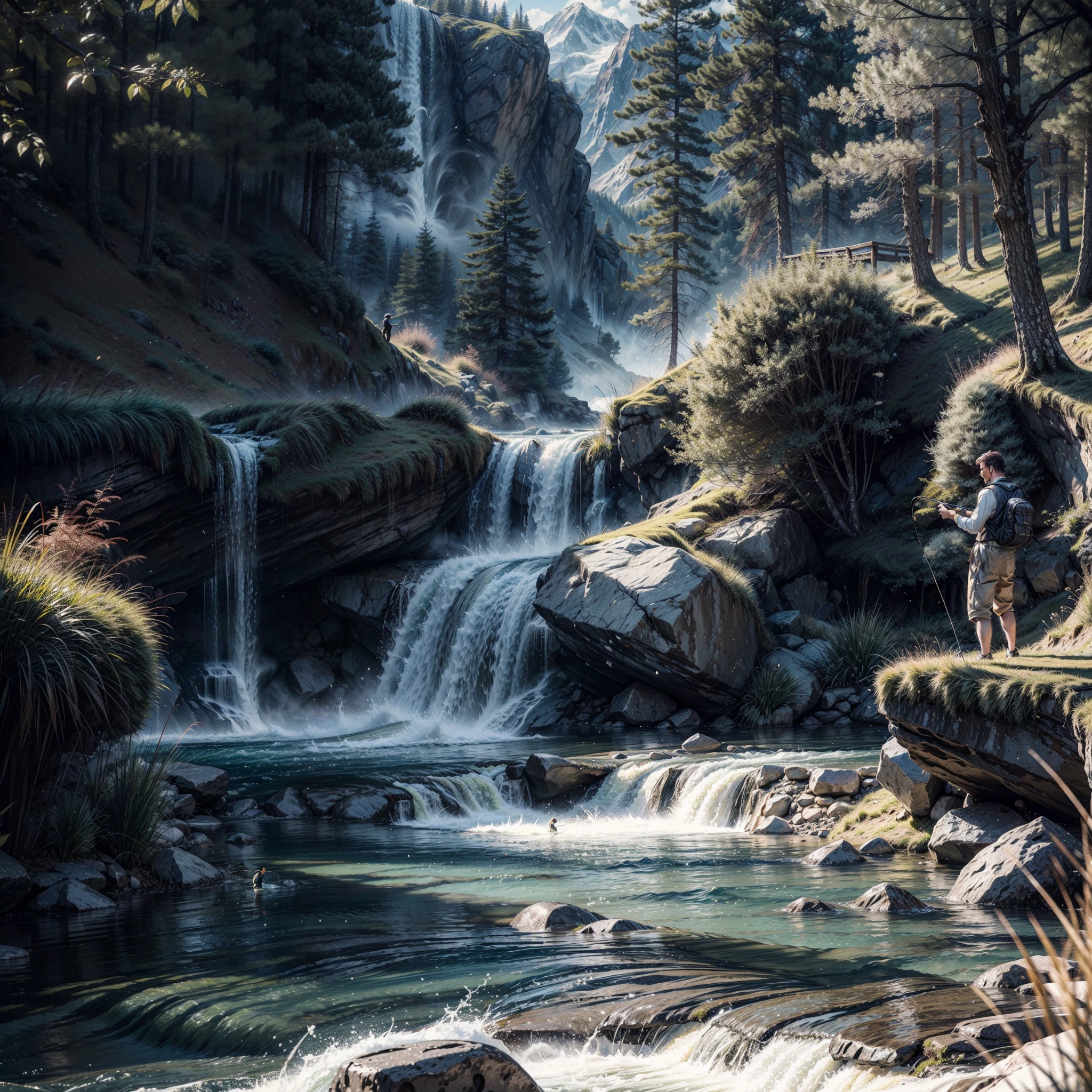"Charcoal drawing, breathtaking details, 8k resolution, photo-realistic, photorealism, picturesque scene of a man standing in a flowing river, fly fishing, surrounded by flowing river and mountains. By Walter Arlaud."