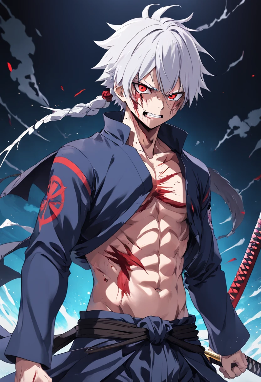 of a guy, Medium white hair, Red eyes，Reveal all their combat wounds, Armed with three black swords, Wear a samurai suit to show off his cracked abdomen from strenuous workouts, The teeth are as sharp as sharks, There are various scars on the body, tmasterpiece, best qualityer, 2D, Art anime One Piece, Anime 4K, Perfect silhouette