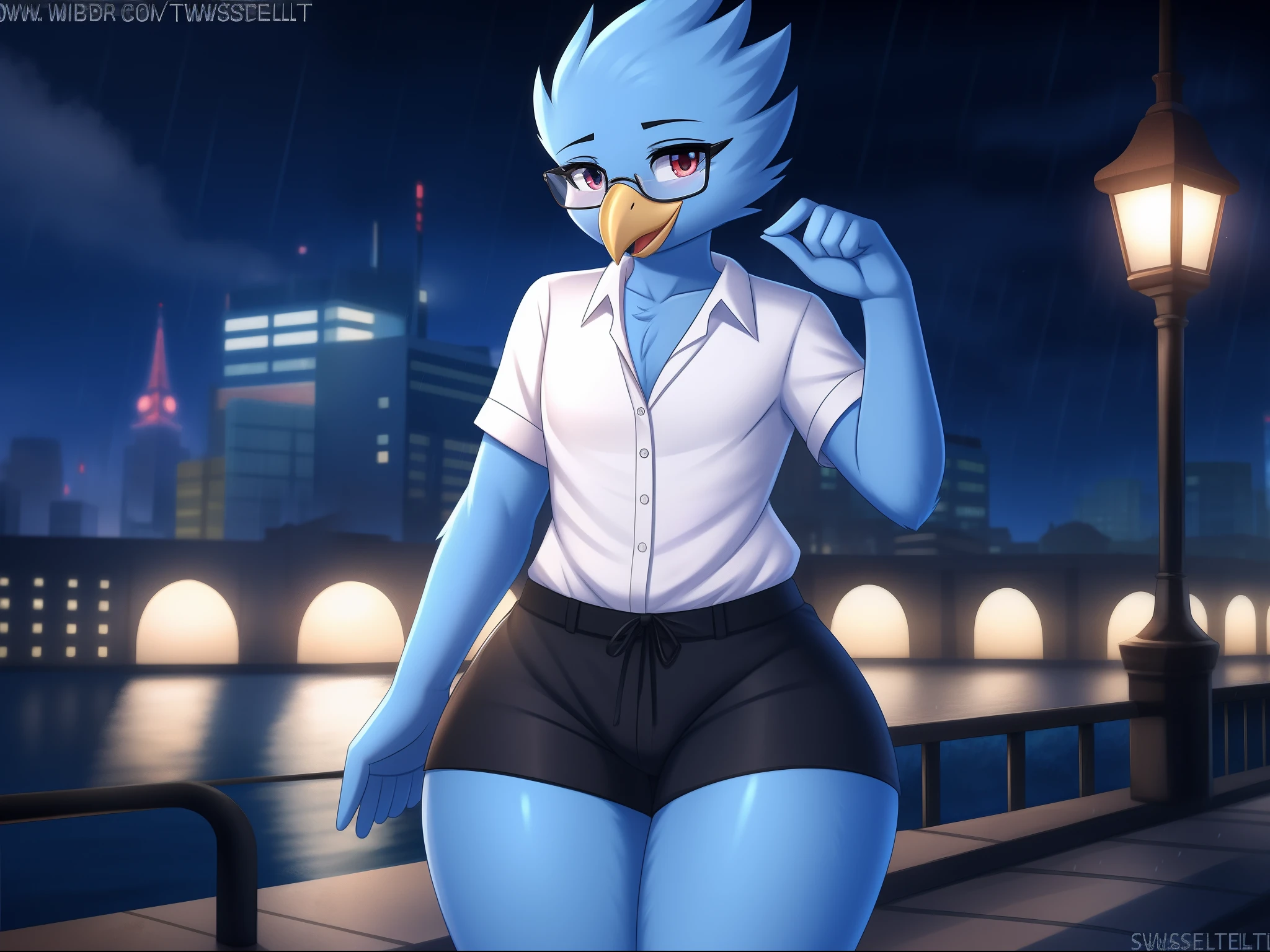 Berdly from Deltarune, professional art made by twistedscarlett60, male, solo, avian, bird, blue body, blue feathers, blue skin, artist:twistedscarlett60, glasses, white shirt, short sleeves, cute, 8k, outdoors, rain, night, thick thighs, wide hips, flat chest, black shorts, male chest, skinny