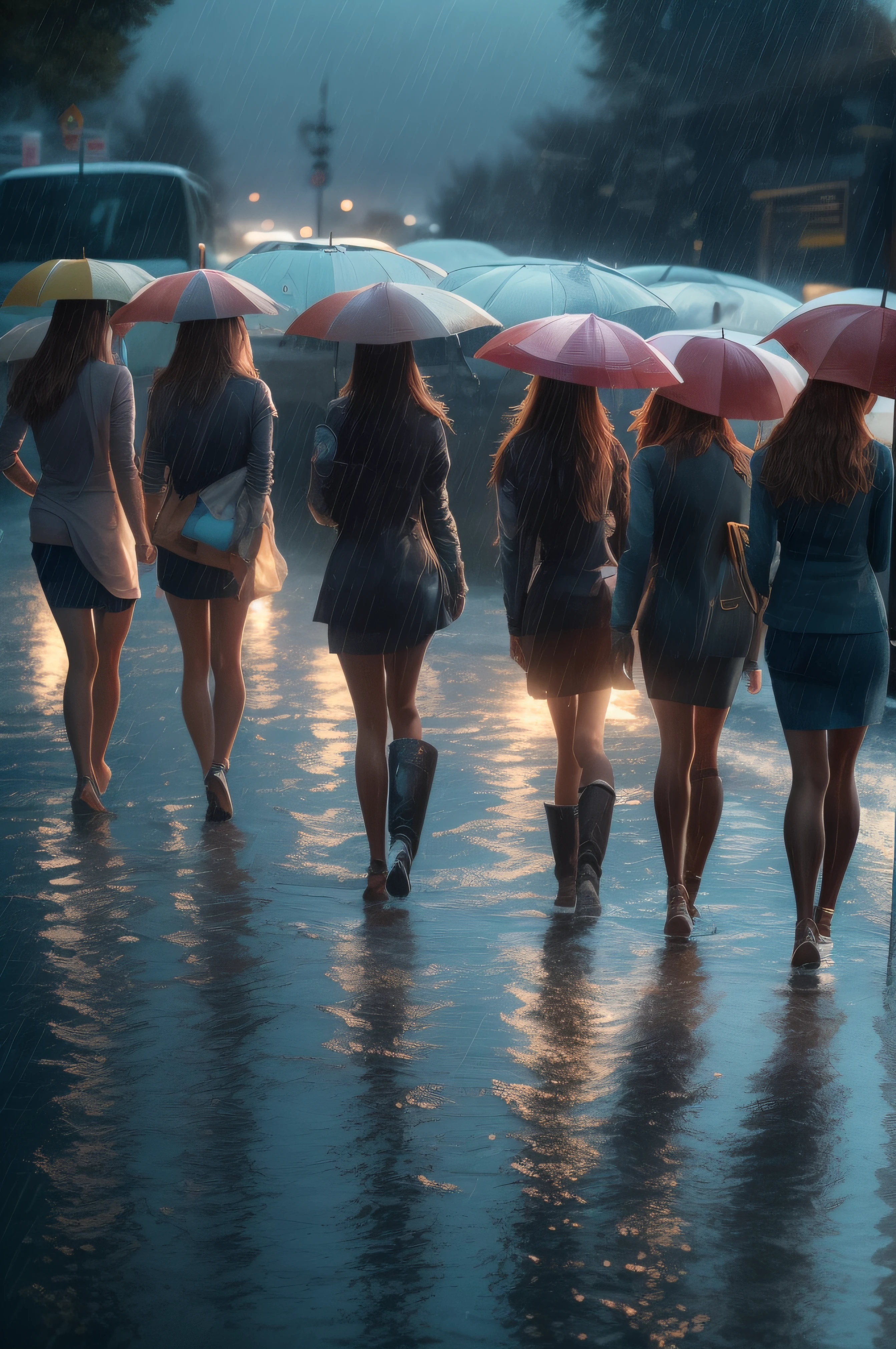 A very violent current plagues the staff. bright lightning beams flash through the sky everywhere. There is also a violent wind and the water are everywhere at and height of 70 centimeters. Four women with exceptionally long very wet hair and huge breasts on the way to their daily work, waiting for the bus on a busy street. Dressed in very wet and strict office wear, super detailed photography, Play of light in the sun rain, downpour, ((a drop of water falling from a height onto the surface of the water)), splashes, luminism, intricate, 4k concept art volumetric light, unrealistic engine, global illumination, detailed environment. And suddenly everything froze due to a cold winter wave of -50°C