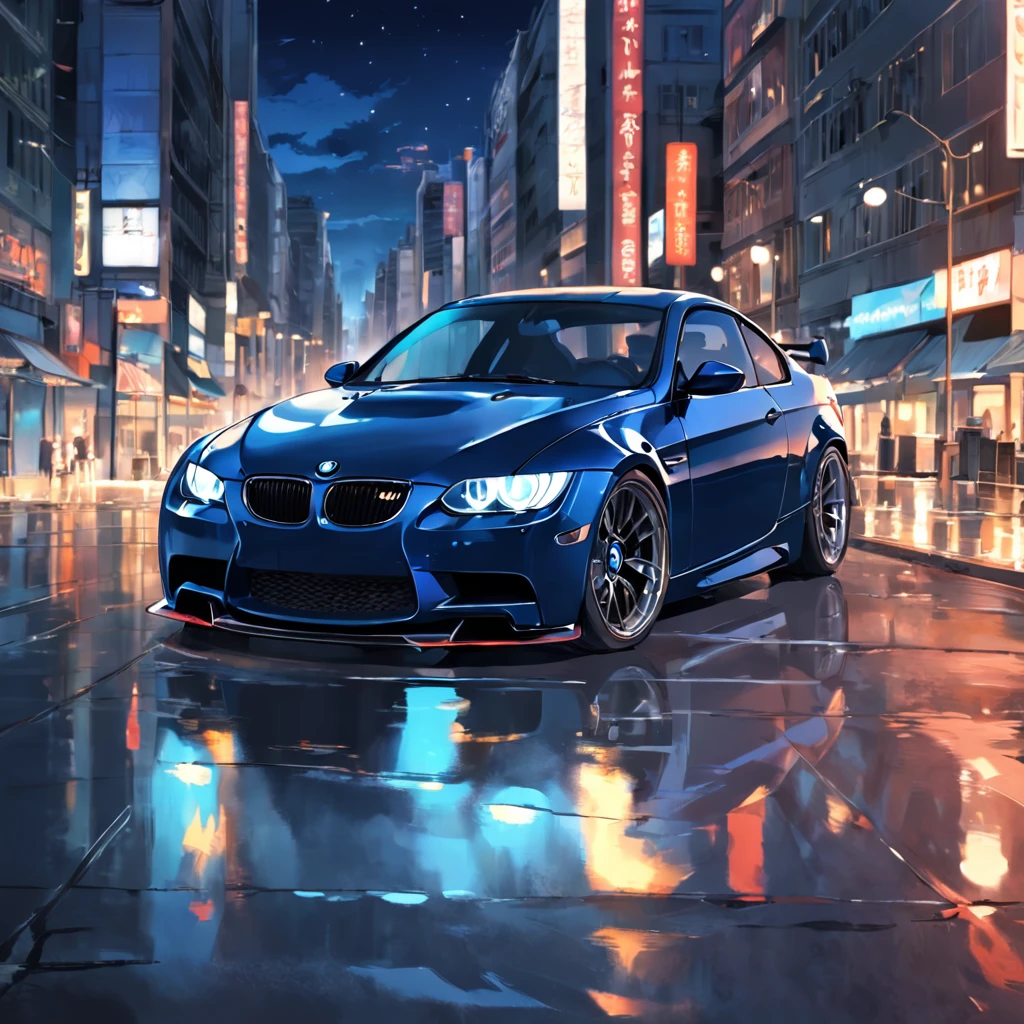 a dark blue bmw e92 riding in a city, at night, realistic photo, detailed