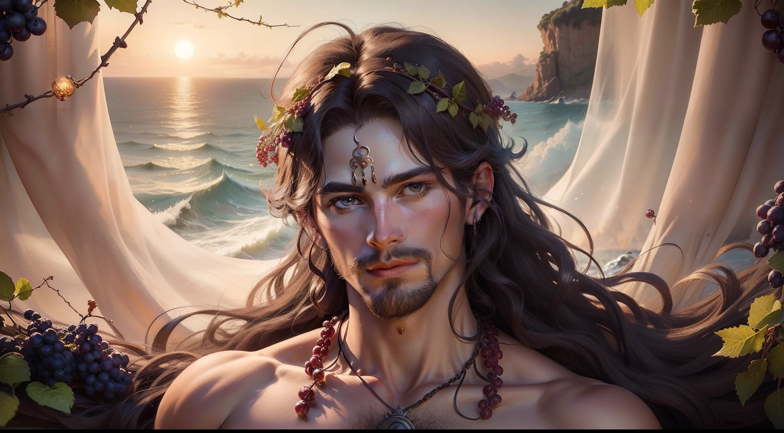 A majestic portrait of Dionysus, the god of wine and merriment, surrounded by a swirling sea of grapes and vines.