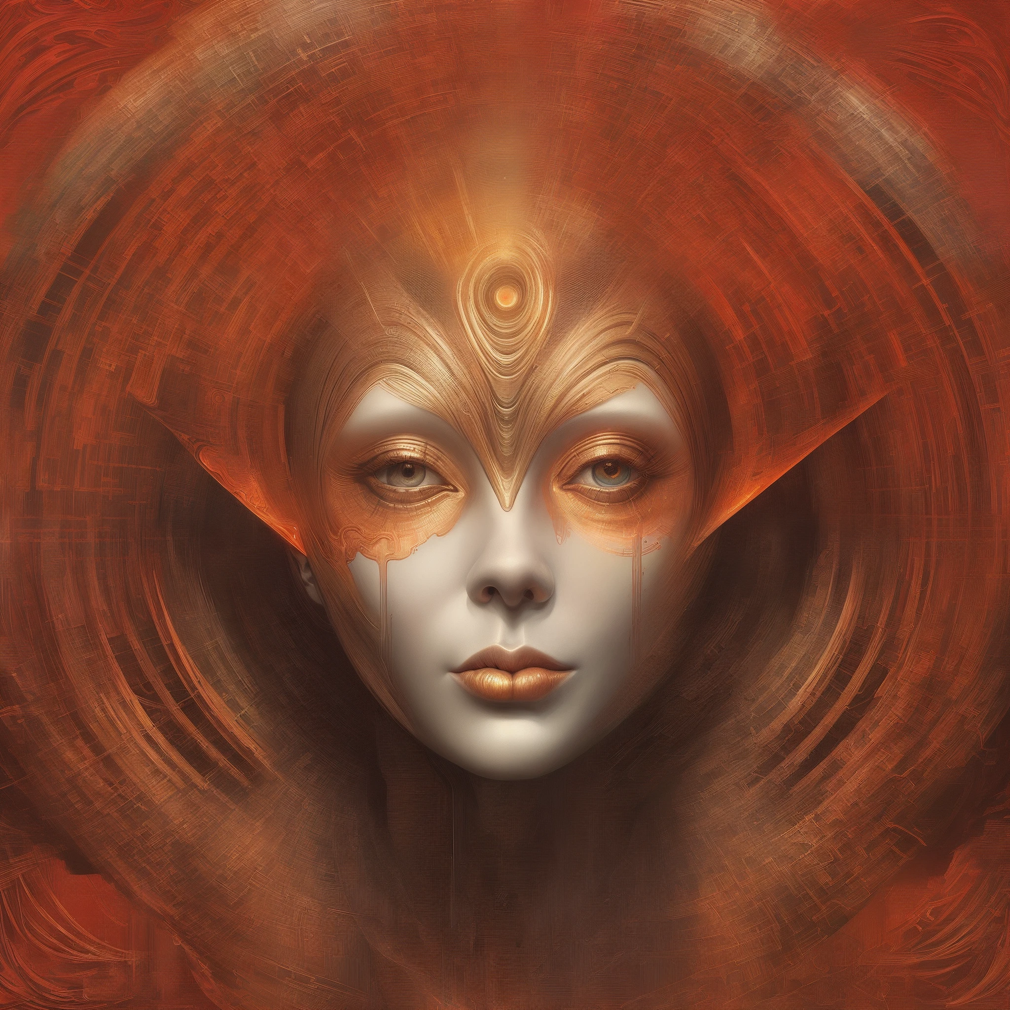 There is a digital painting of a woman with a red background, Digital visionary art, Portrait of a female humanoid, Sci-Fi-Gesicht, Sci-Fi-Gesicht, Fraktales Gesicht, Attraktives Sci-Fi-Gesicht, 3-D Goddess Portrait, Symmetrical Portrait SciFi, Futuristic portrait of a woman, Portrait of metallic face, Inspiriert von Tomasz Alen Kopera