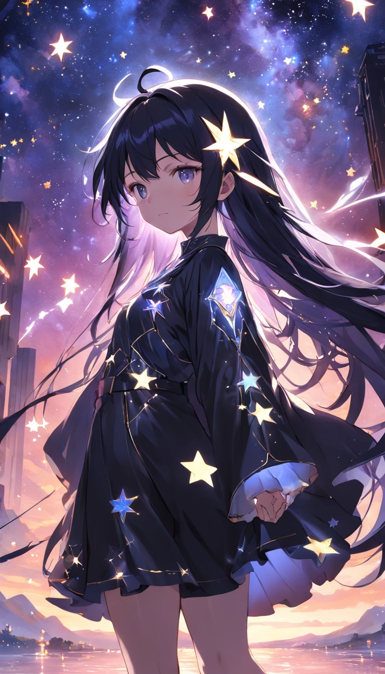 ((mago),(roupa negra),(magia de luz),(galactic starry sky),(luz das estrelas cintilante),(genial))