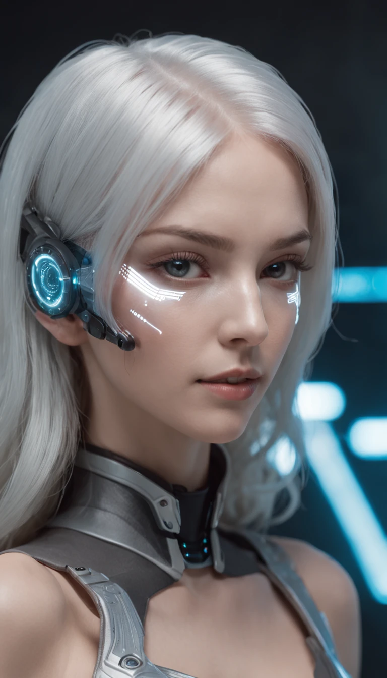 Create an image of a sci-fi character with cybernetic skin and silver-colored hair. She must be wearing augmented reality glasses and be in a futuristic urban environment, with holopanels in the background that project data in real time.