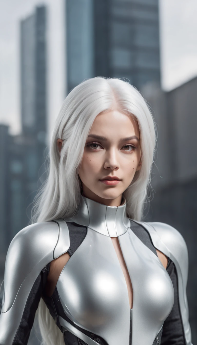 Create an image of a sci-fi character with cybernetic skin and silver-colored hair. She must be wearing augmented reality glasses and be in a futuristic urban environment, with holopanels in the background that project data in real time.