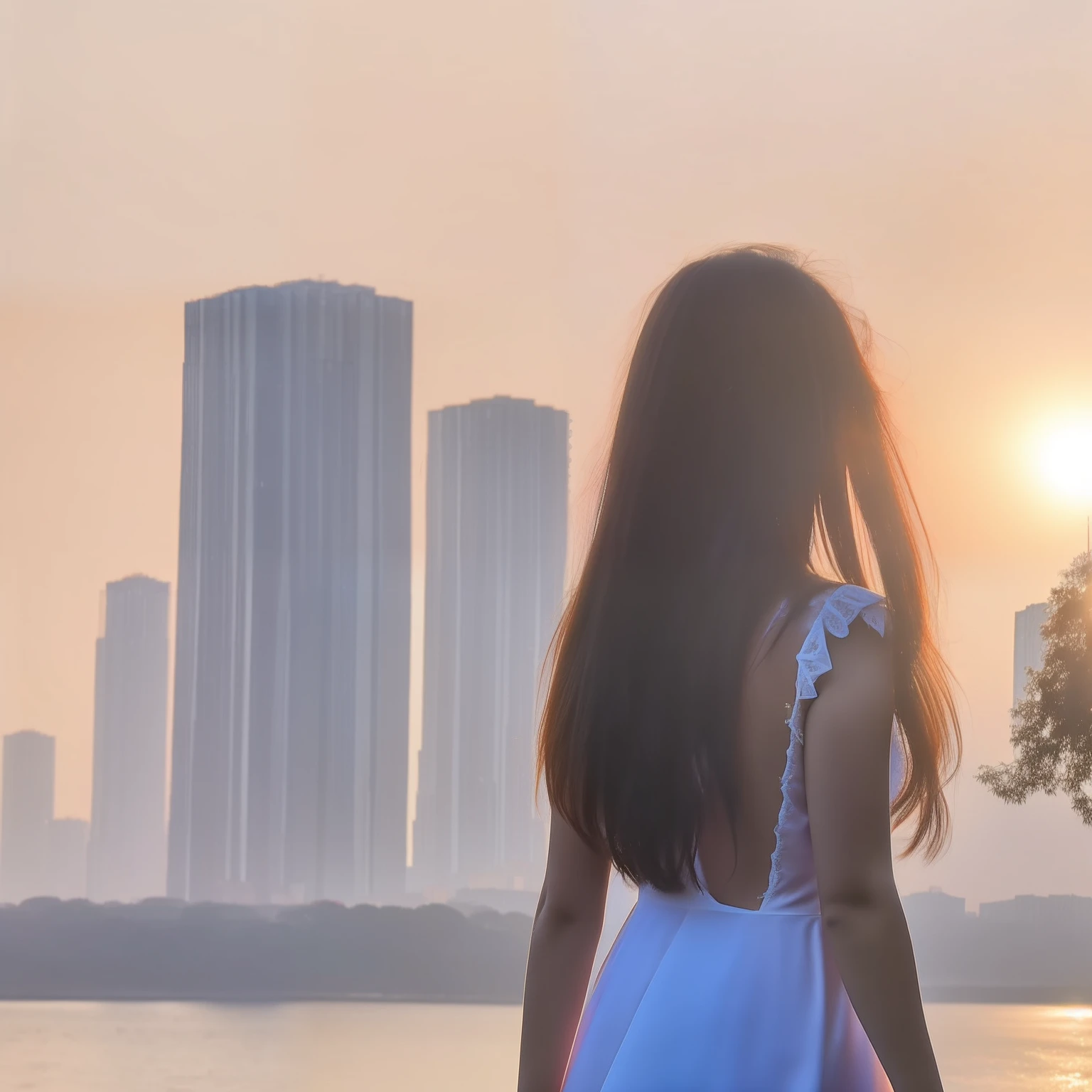 5 a.m:30. The sun shines on the clouds, Displays tricolor light, Next to high-rise buildings, A girl in a white dress looked up at a ray of sunlight shining directly above him, What else?