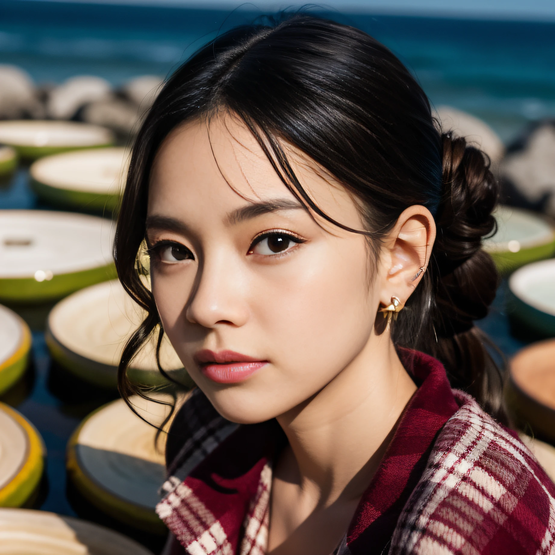 1girl, portrait, Flannel shirt, cozy shorts, Madame, Short, Toned, Square Face, Fair Skin, Black Hair, gold Eyes, [[Curved Nose]], Pouty Lips, Round Chin, Long Hair, Coarse Hair, Wavy Updo, medium breasts, Faux gauge earrings, fuchsia velvet lipstick, with a tidal pool in the background, high quality, absurdres,