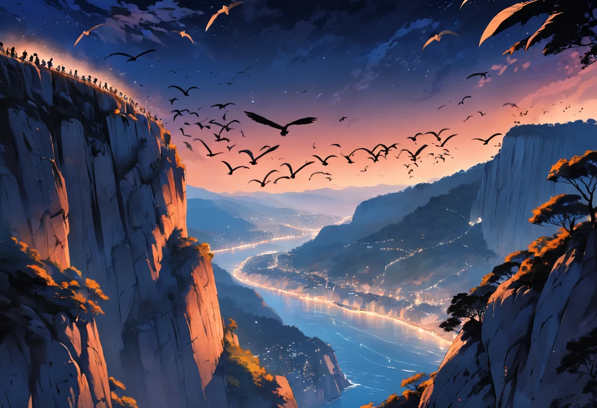 on the right side many vultures flying in circles on the edge of the cliff, flying over the hill of Vista Chinesa, in Rio de Janeiro, dark night, with many shadows, stars and full moon in the sky and many trees descending the cliff