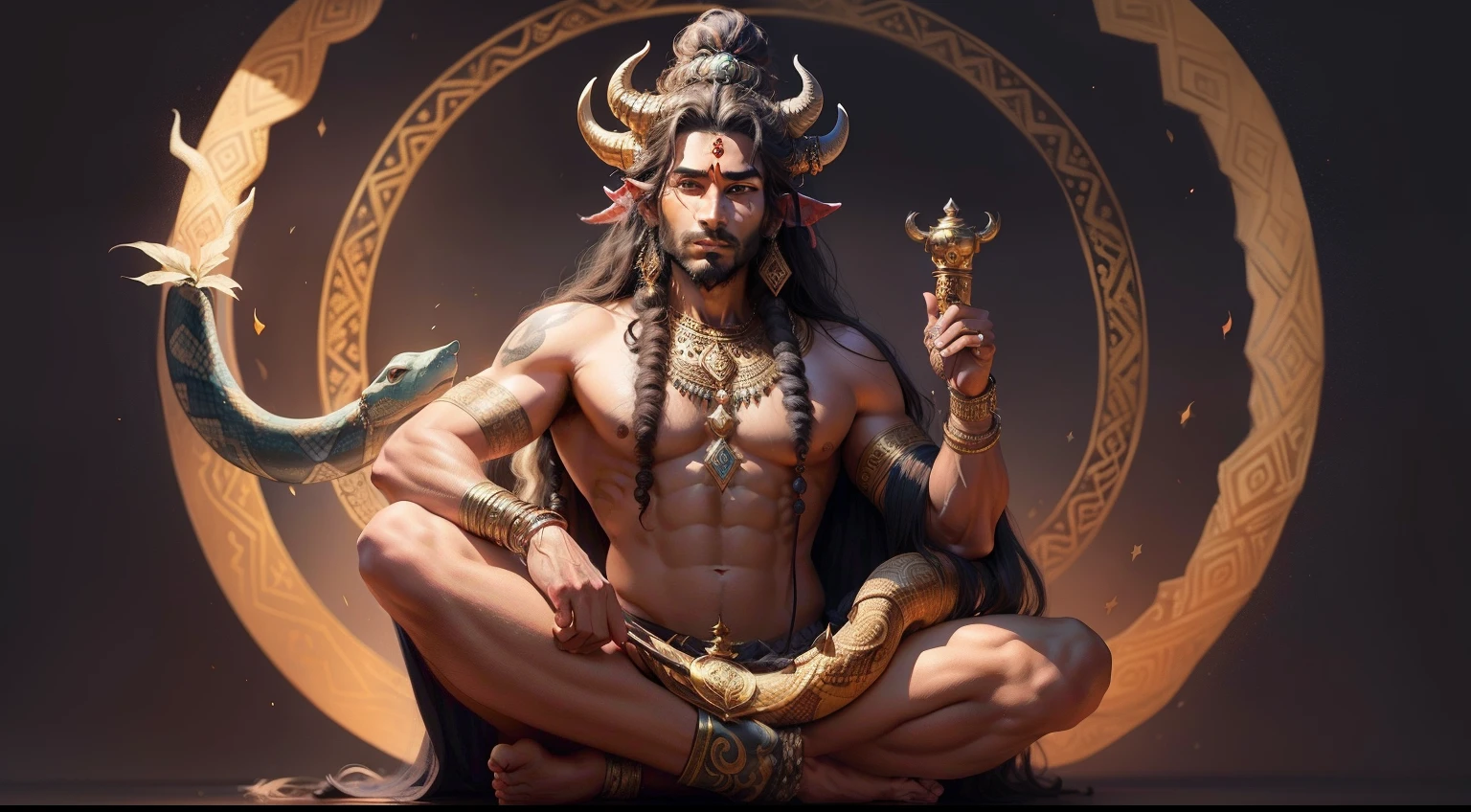 a painting of a man with a snake on her head, god shiva the destroyer, lord shiva, shiva, attractive male deity, indian god, hinduism, hindu god, hd wallpaper, inspired by Kailash Chandra Meher, horned god, beautiful image, god of nature, with horns, looking yogi full body
