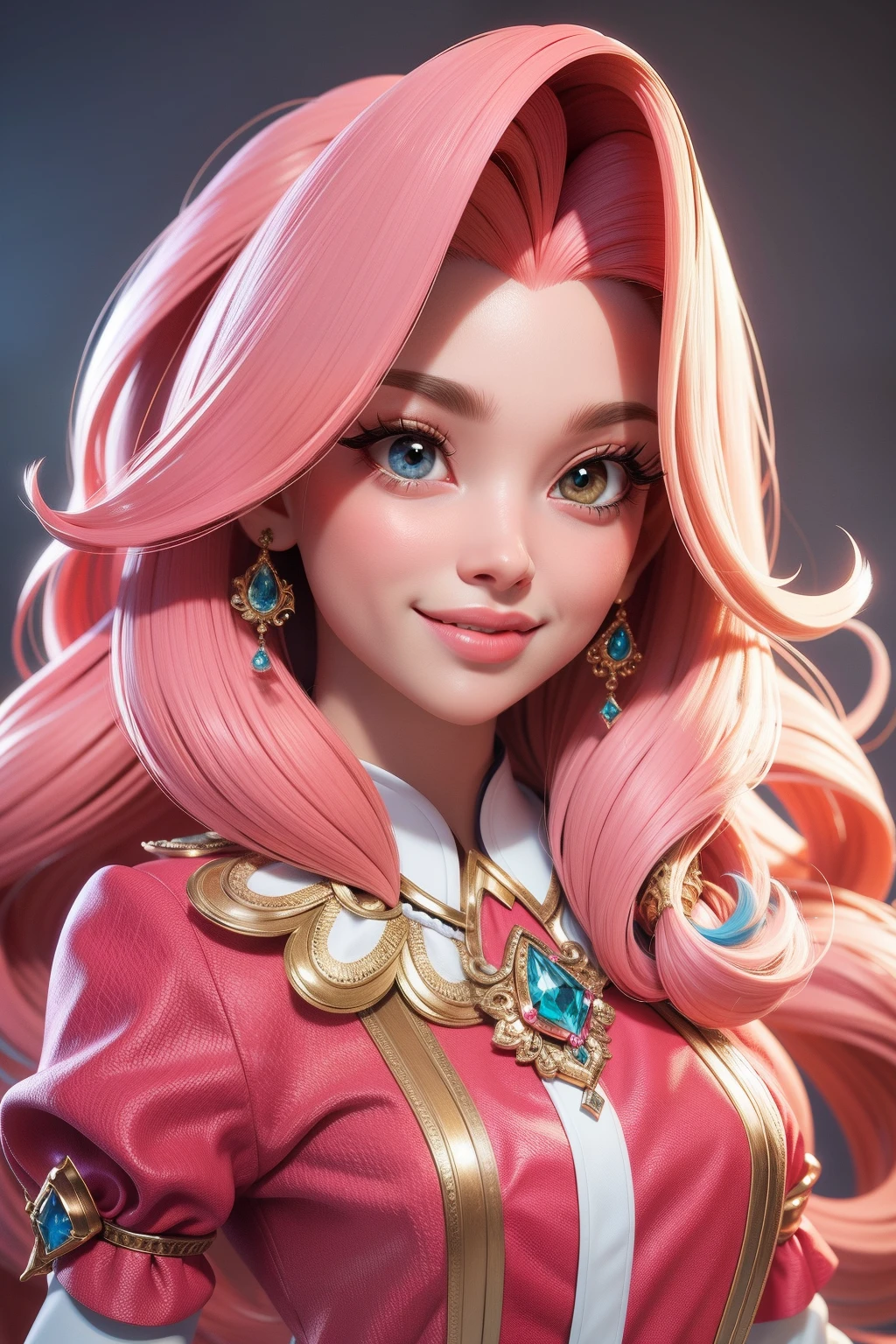Masterpiece, best quality, Rendering job ..3d, Estilo ..3dMM, ..3d, 1Menina, somente, cabelos amarelos, Sardas, jewelries, Olhando para os lados, Realistic, Comprimento total, fundo simples claro, franja amarela, Desviando o olhar, cabelos longos, separated-lips, olhos Pretos, Gargantilha, maquiagem, roupa rosa sorrindo, Dentes bonitos, sapatos amarelos