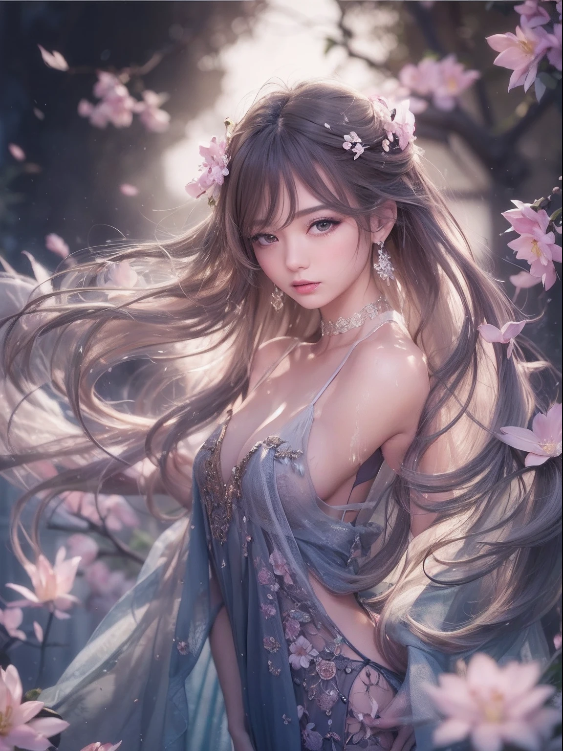 loose outfit、Show shoulders、How to wear a gown with a broken see-through halter neck、Decorated with intricate patterns and dark colors、Transparent material that makes the skin shine、Artistic depiction of seductive woman in gown with wet thin cloth and transparent skin, Floral and fantastic pattern with flowing silky traditional see-through skin。Her dress draped elegantly around her curvaceous figure、Emphasizes her charming silhouette。She's a gentle fireworks night、Dynamic Posing、Sexy Posing、bathed in the soft glow of moonlight。The scene is、With a hint of mystery and sensuality、It exudes an ethereal dreamy atmosphere。The image style is、Incorporates a blend of watercolor and digital illustration techniques.、It makes you feel delicate beauty and charm。Soft moonlit lighting、Cast gentle highlights and shadows on her mesmerizing features。Dynamic Posing、Bold poses、The hand is somewhere、see -through、show through、A sexy、Wet hair、Wet、cherry trees、flower petals、cherryblossom、The cherry tree、Sakura blizzard、buried、Transparent skin、Wet clothes、Chest Pulling、Translucent clothes、On the water、