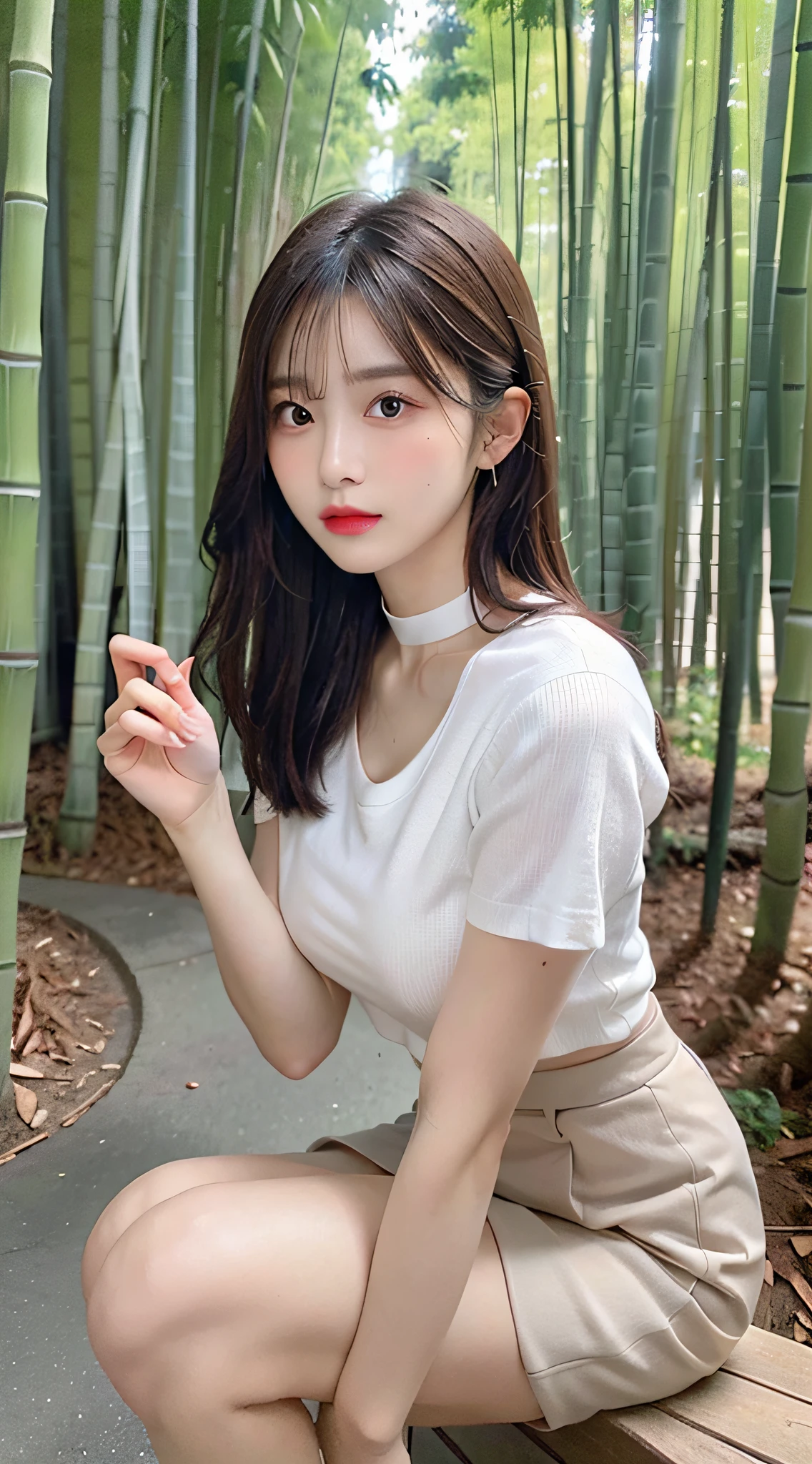 (Best Quality, 8K, masutepiece, Ultra HD: 1.3), 1girl in, mideum breasts ,light brown hair, Blunt bangs, hair behind ear, hair over shoulder, Long hair, slender body shape, Ultra Fine Face, Delicate lips, Beautiful eyes, Double eyelids, lipsticks, thin blush ,eyes are light brown ,perfect glossy skin,flawless skin fair white skin ,Glistening sweat,View here, Ultra-thin hands, Ultra-fine fingers, best ratio four finger and one thumb, (realisitic:1.3),Finger Extensions, the see-through white shirt, White see-through tight skirt , Slender and beautiful legs ,a white choker,Low Heels. bamboo forrest