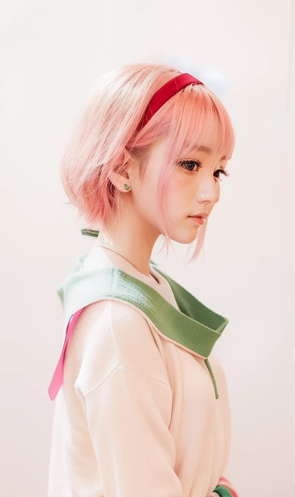 Sakura uchiha. A woman seen wearing a green sweater. He looked straight ahead and slightly bowed. She had short pink hair that wasn't covered in knots. He had a white as snow. With her rosy cheeks and her tiny pink lips. He also seemed to be wearing a red headband. She looks beautiful and realistic