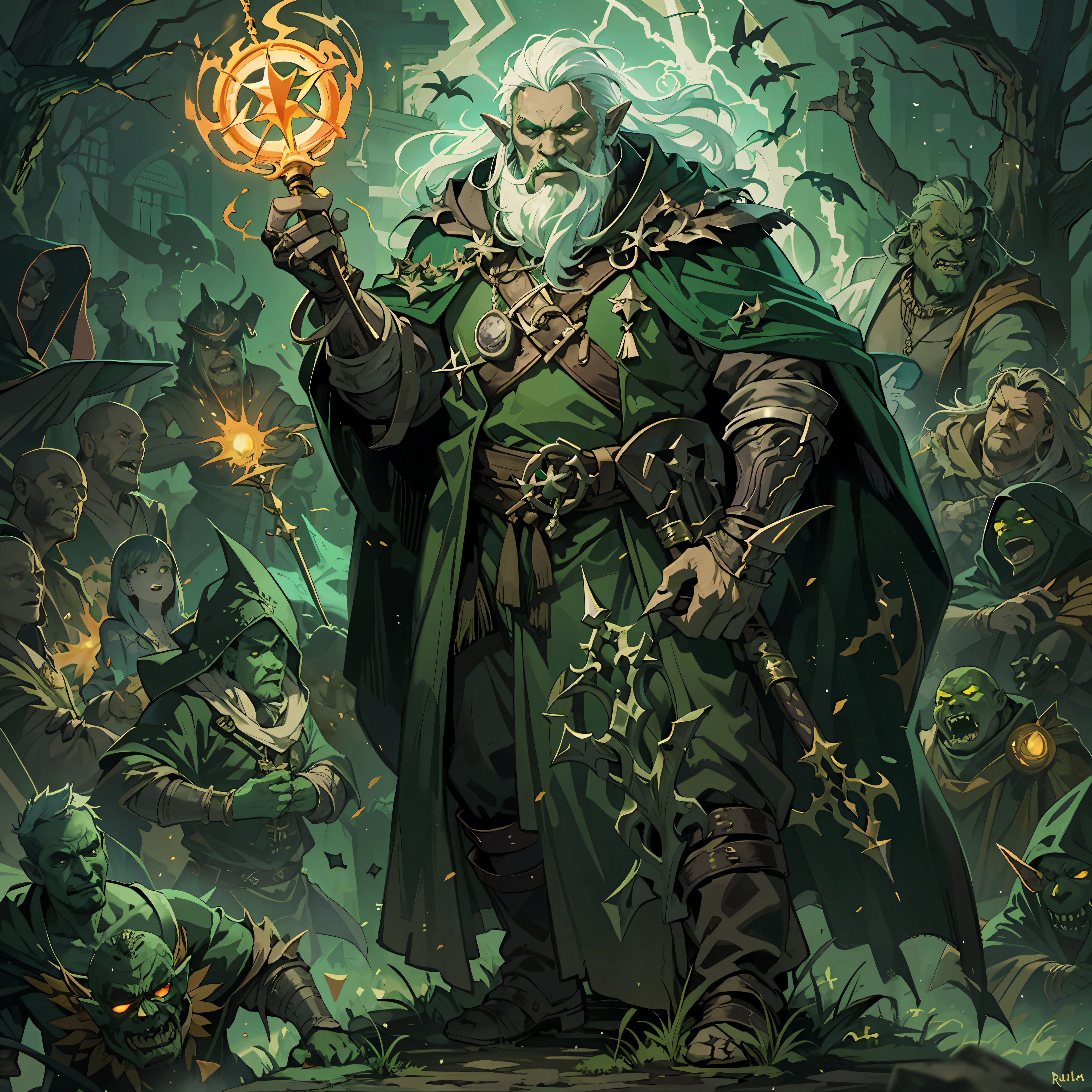 a 50-year-old orc, 1 orc as a warlock surrounded by nightmares, cosmic horror, warlock's staff on his back, green skin, fat and hunchbacked, Gul'dan, white hair, with goatee, dirty warlock's cloak, with green, green and black, magic lightning on his body, magic runes, necromancer