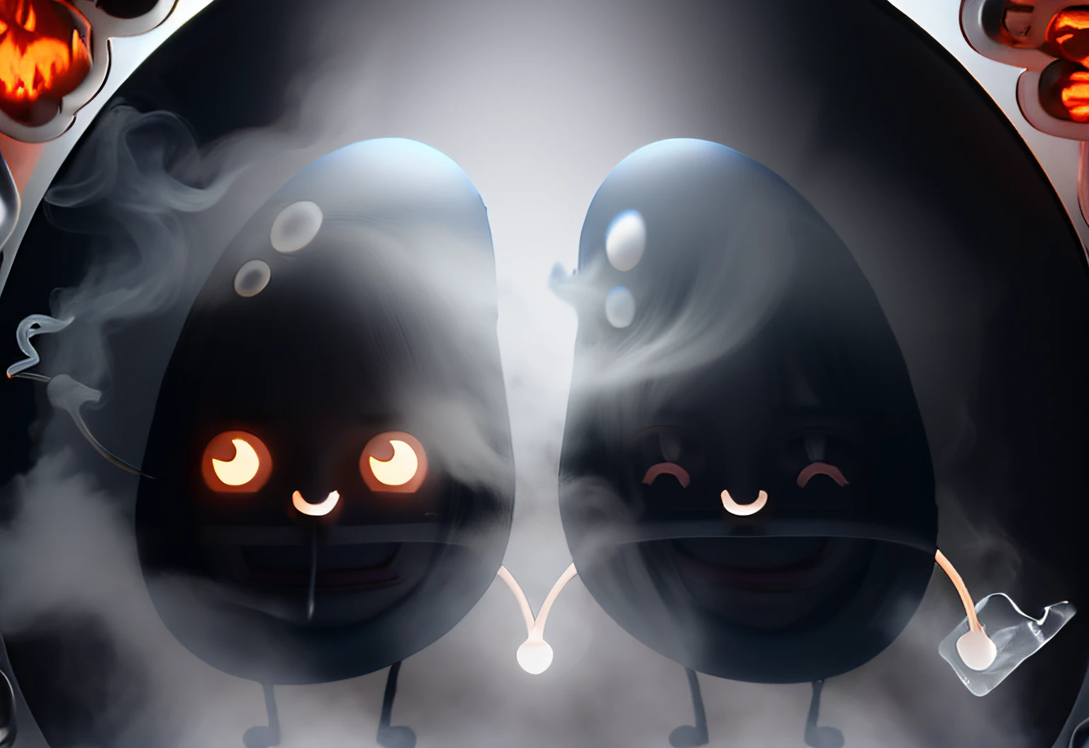 There are two lungs that are holding hands, lungs; lungs, breath, internal organs, healthcare, (smoke billowing), toxic air, illustration, ar quente, condensation of respiration, Relist animation, relista, smoke billowing, dark, sticker illustration, anime, realistic creation style