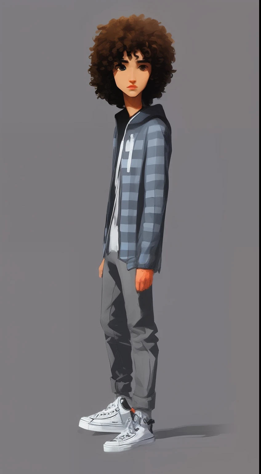 (masterpiece, best quality), intricate details, 8k, artstation, wallpaper, official art, splash art, sharp focus, fullbody of tall skinny man, wearing blue flannel with white tshirt under, black jeans, sneakers, standing tall facing foward, fullbody, grey background