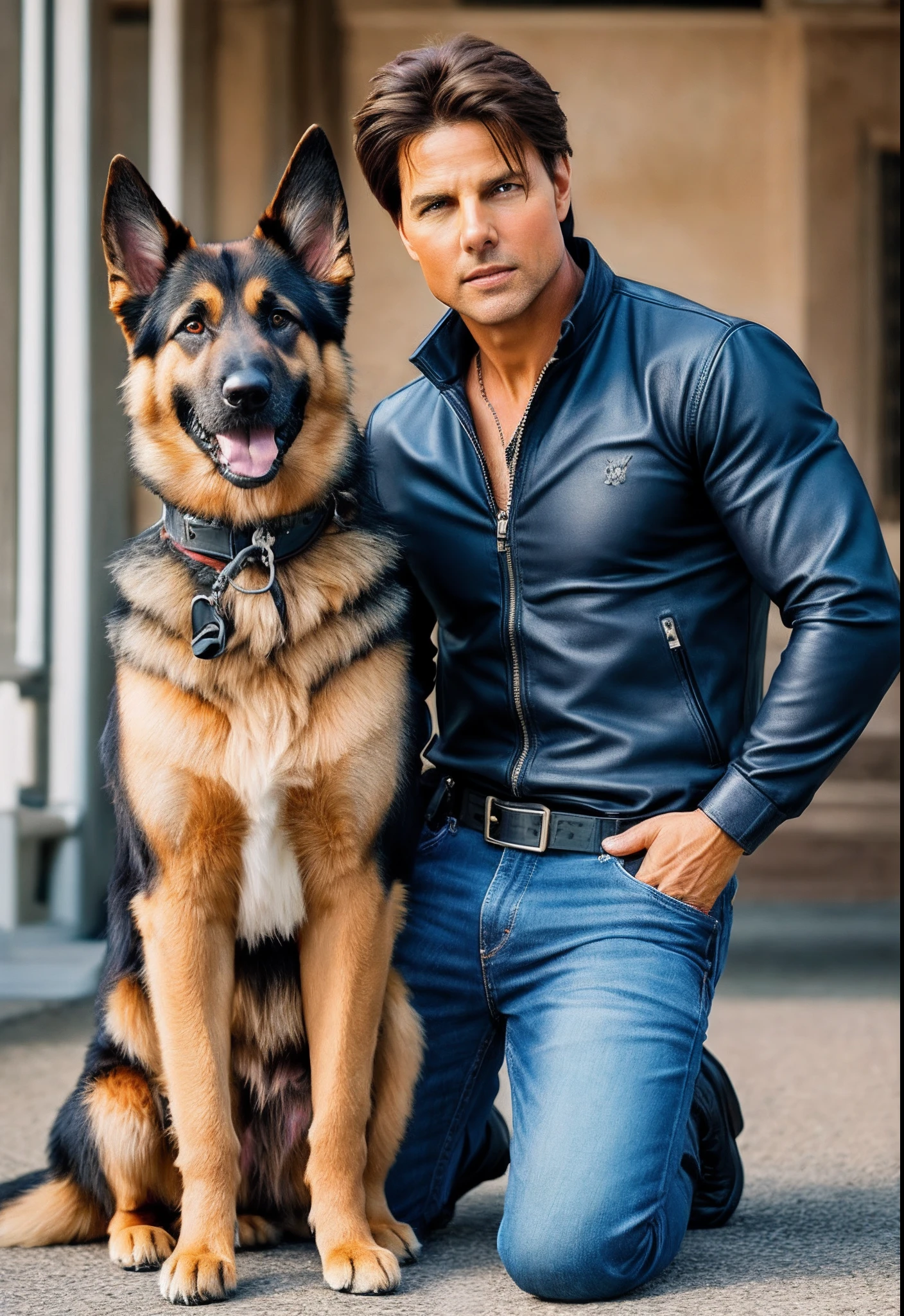 Training ebook cover for dogs: Great German Shepherd, in a Magestine alpha position next to his Tom Cruise-like body owner, bota de motoqueiro Vestido jeans tradicional, e um moleton cinza escuro. Use high resolution photo render 3D 8k ultra hd. Obs: As imagens devem estar muito bem detalhadas.