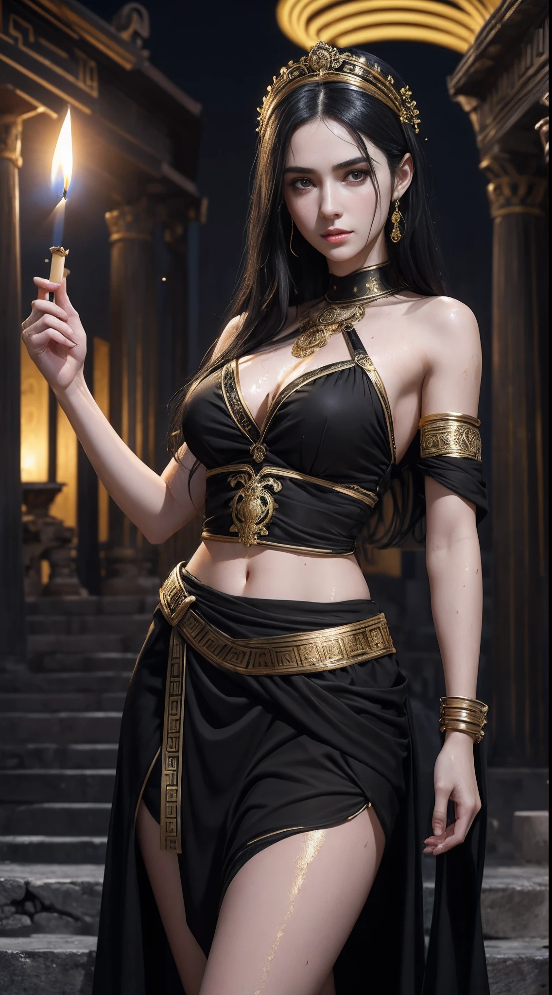 (A beautiful 25 years old female Greek maiden:1.2), (wet long black hair:0.9), (pale skin), (detailed oily and sweaty skin:1.2), (serious face), (wearing black colored revealing Greek maiden outfit with golden ornate), (waist up shot:1.2), (temple at night with candles:1.1), view from front, dynamic pose, (chiaroscuro lighting:0.8), photo realism, intricate face detail, intricate hand details, highly detailed, vibrant colors, cinematic, 8k, trending on Artstation--style raw