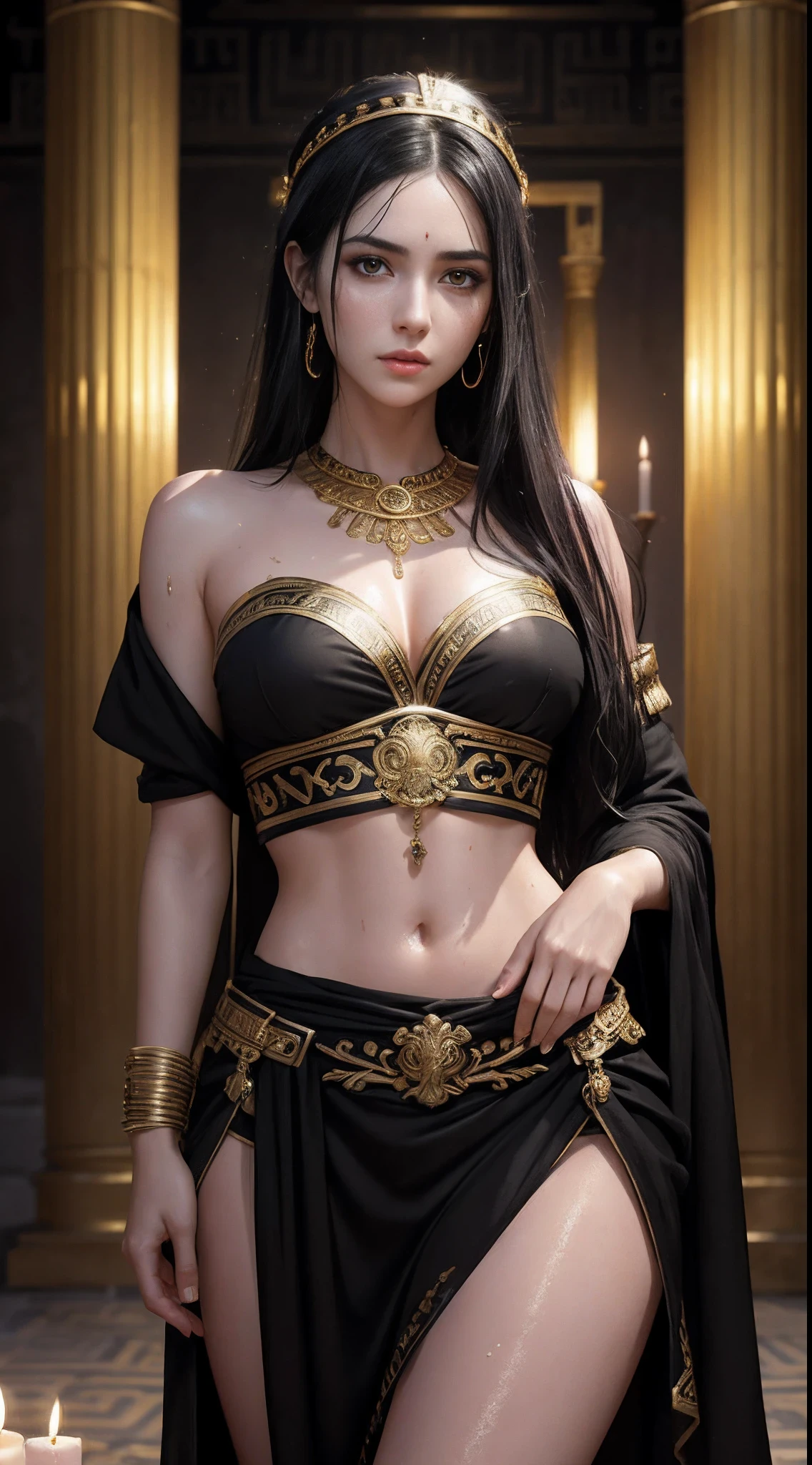 (A beautiful 25 years old female Greek maiden:1.2), (wet long black hair:0.9), (pale skin), (detailed oily and sweaty skin:1.2), (serious face), (wearing black colored revealing Greek maiden outfit with golden ornate), (waist up shot:1.2), (candle-lit temple at night:1.1), (wasit up shot:0.8), view from front, (dynamic pose:0.8), (chiaroscuro lighting:0.8), photo realism, intricate face detail, intricate hand details, highly detailed, vibrant colors, cinematic, 8k, trending on Artstation--style raw